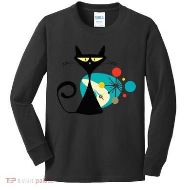 Midcentury Mid Century Cat Retro Atomic Age Space Modern Kids Long Sleeve Shirt