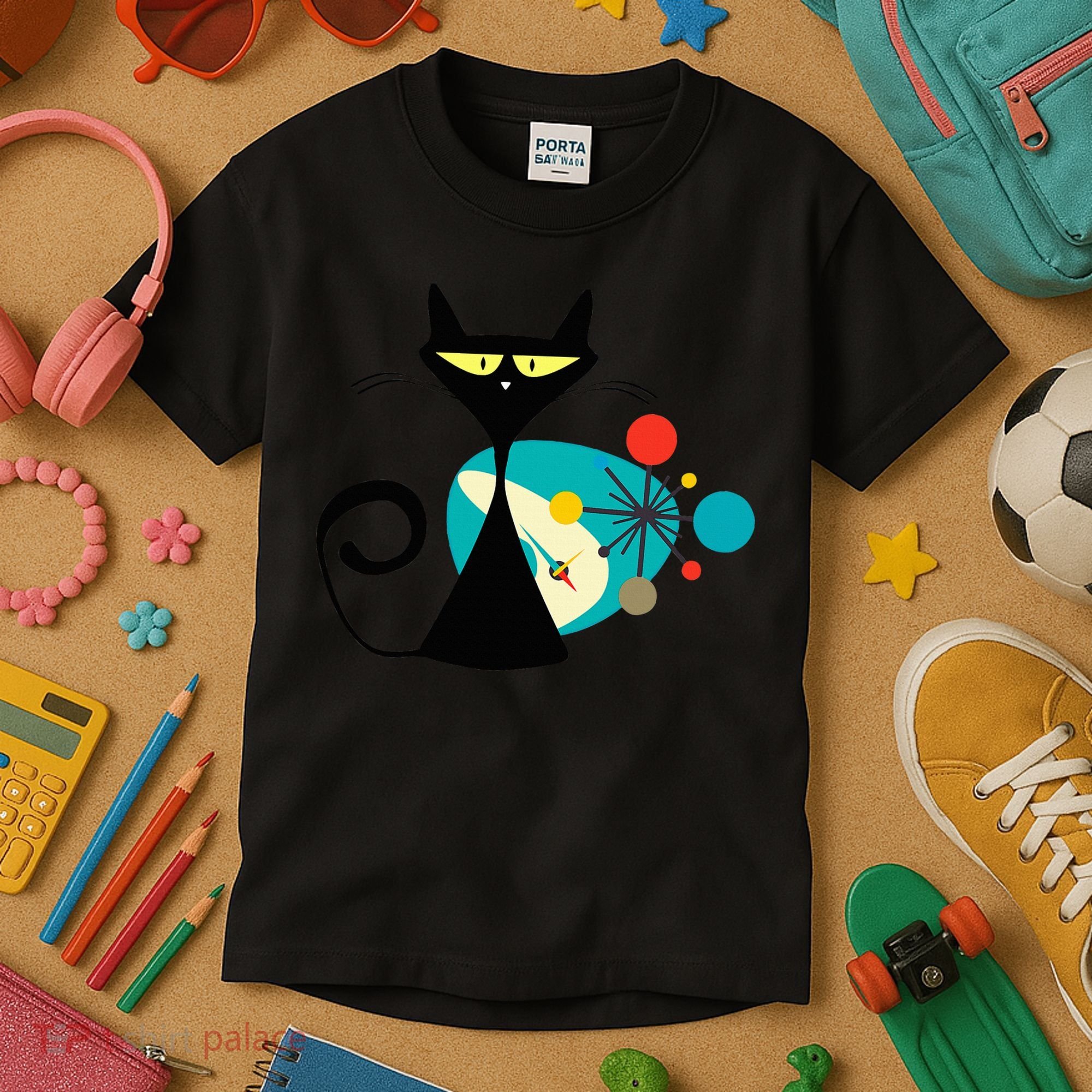 Midcentury Mid Century Cat Retro Atomic Age Space Modern Kids T-Shirt