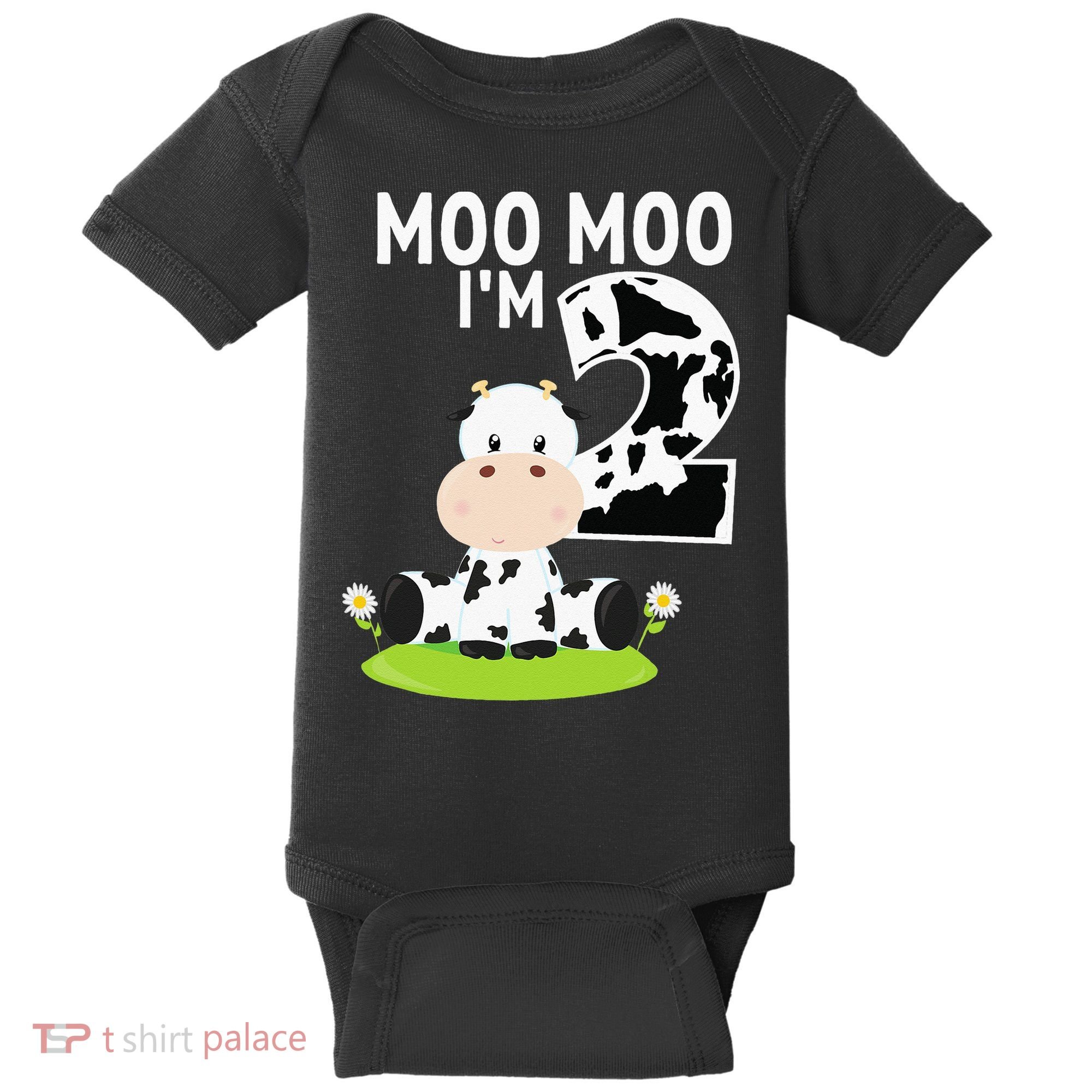 Moo Moo Im Two 2nd Birthday Funny Cute Cow Sounds Baby Bodysuit