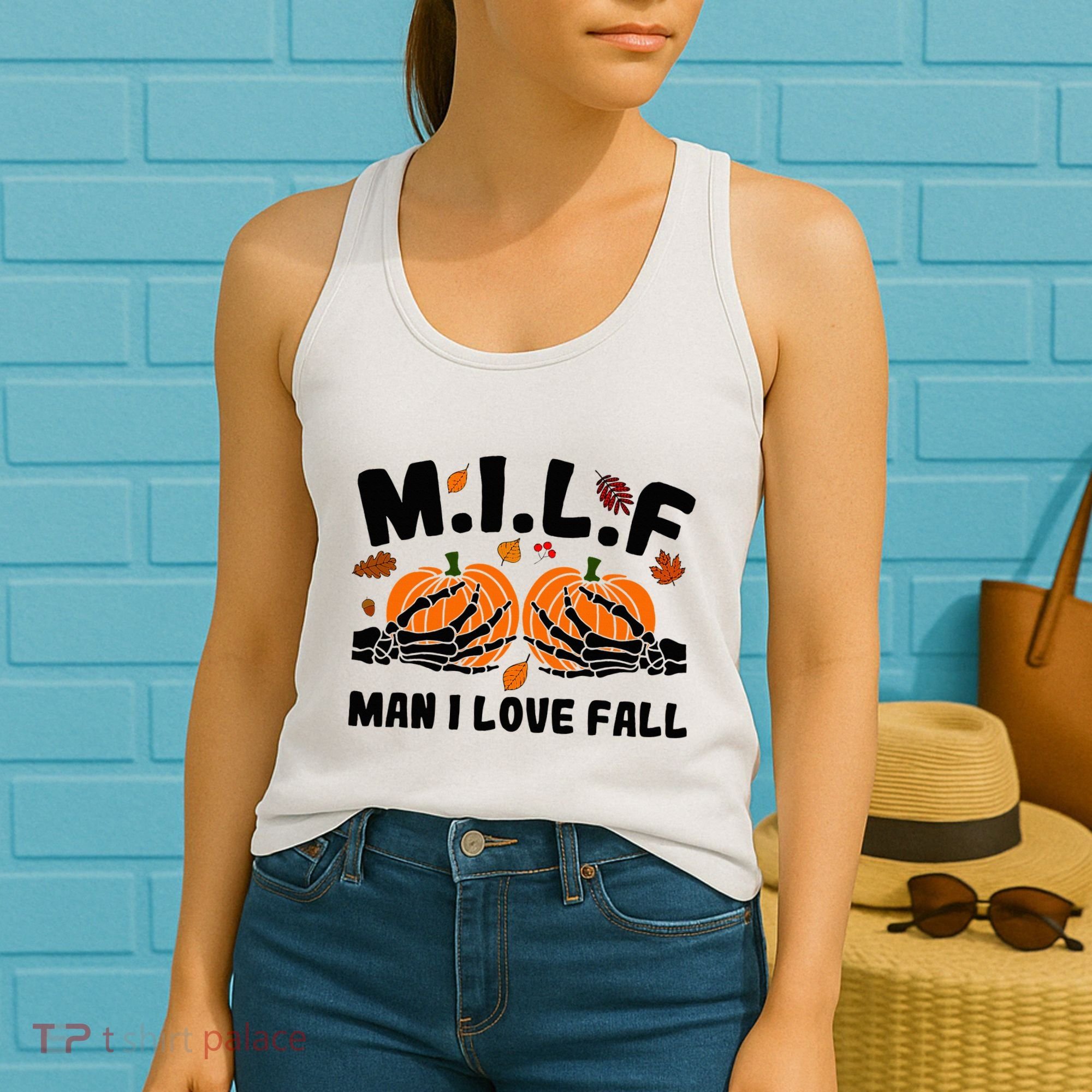 Milf Man I Love Fall Skeleton Pumpkin Hand Boob Women's Tank Top