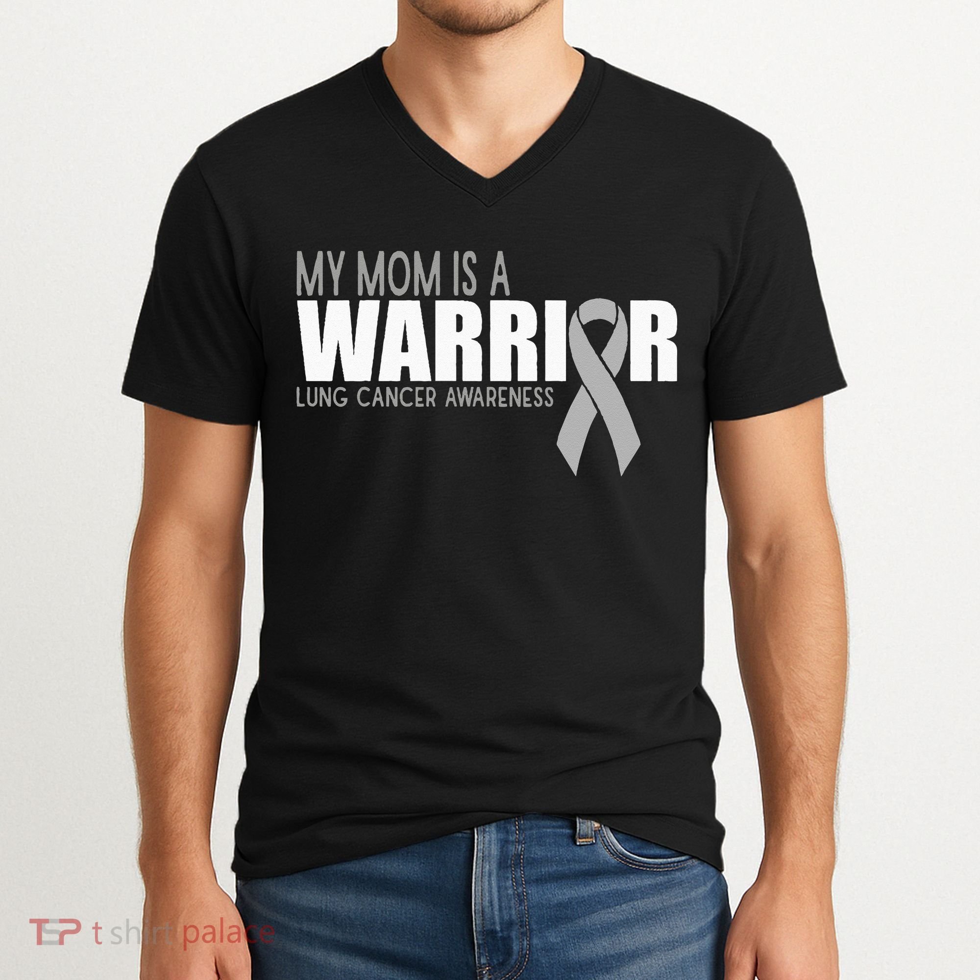 My Mom Is A Warrior Lung Cancer Awareness V-Neck T-Shirt