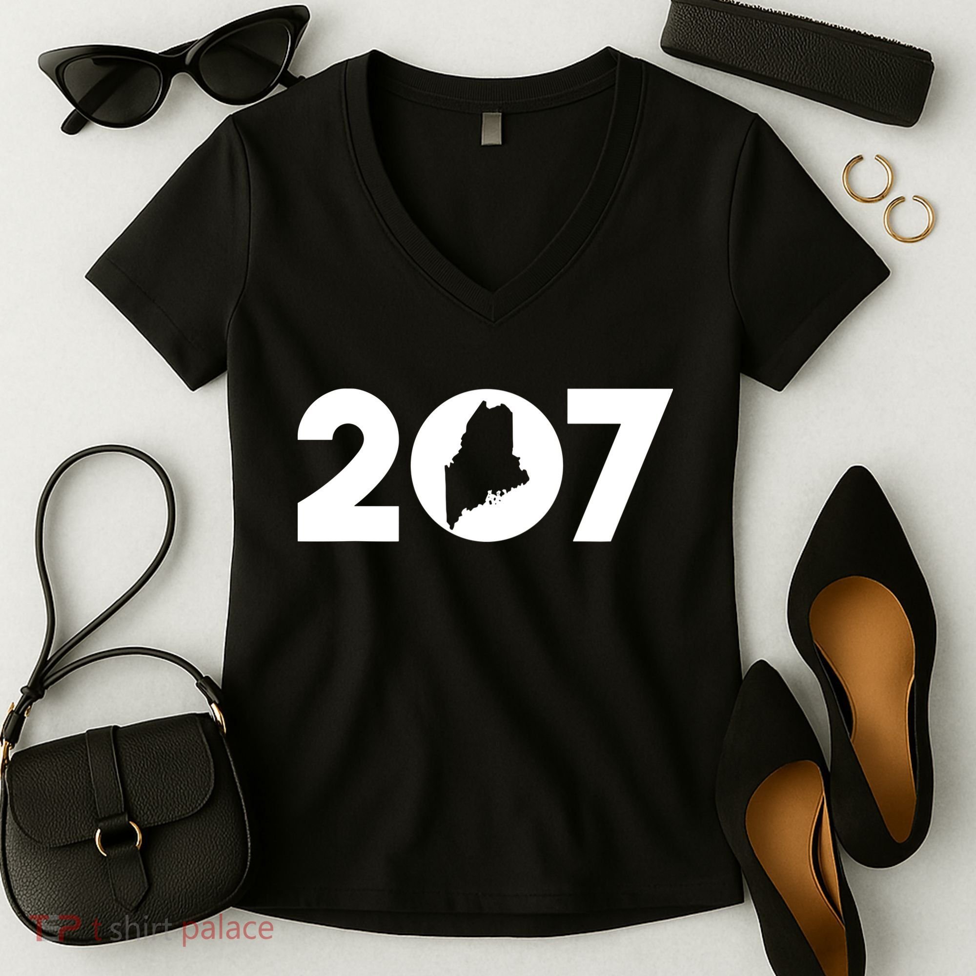 Maine Map Inside The 207 Area Code Maine Me Pride Women's V-Neck T-Shirt