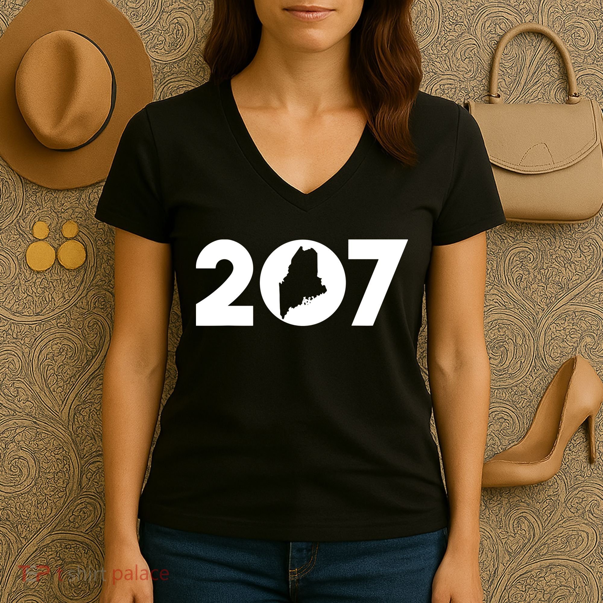 Maine Map Inside The 207 Area Code Maine Me Pride Women's V-Neck T-Shirt