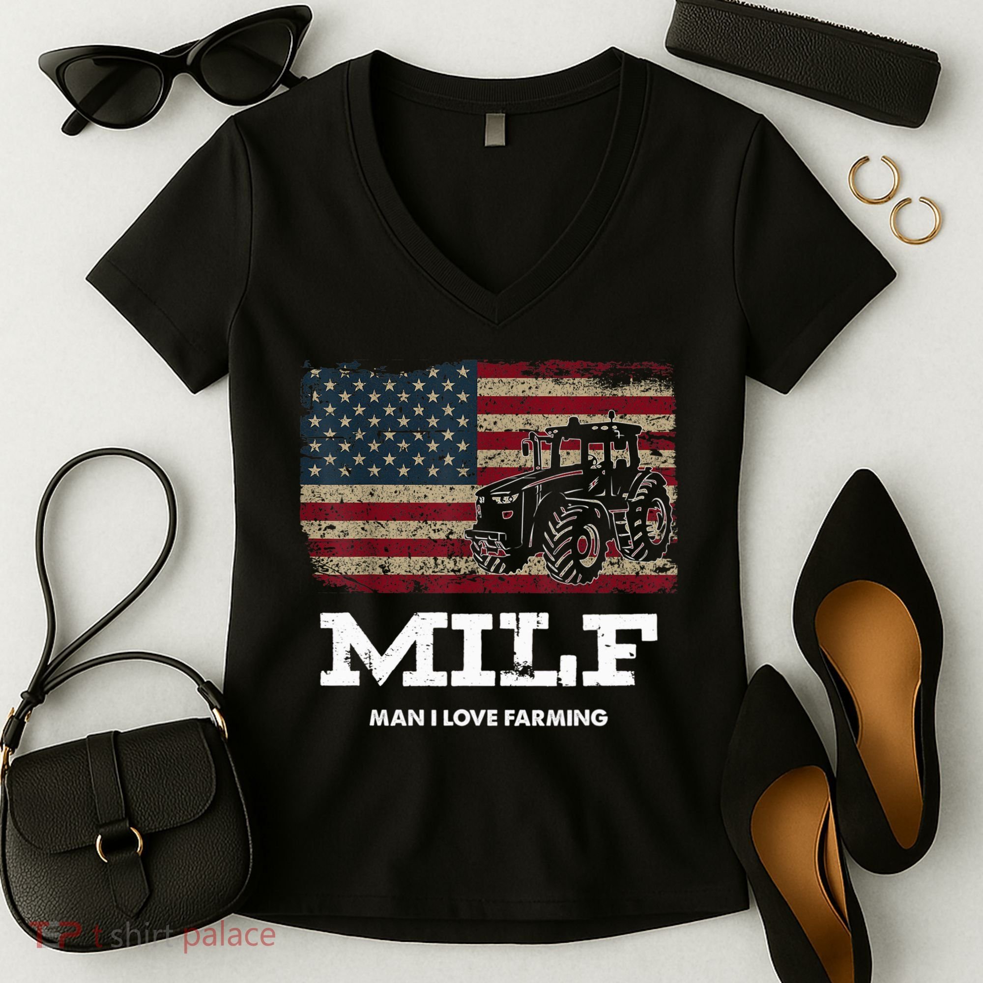 MILF Man I Love Farming Funny Farm Tractor Lover Women's V-Neck T-Shirt