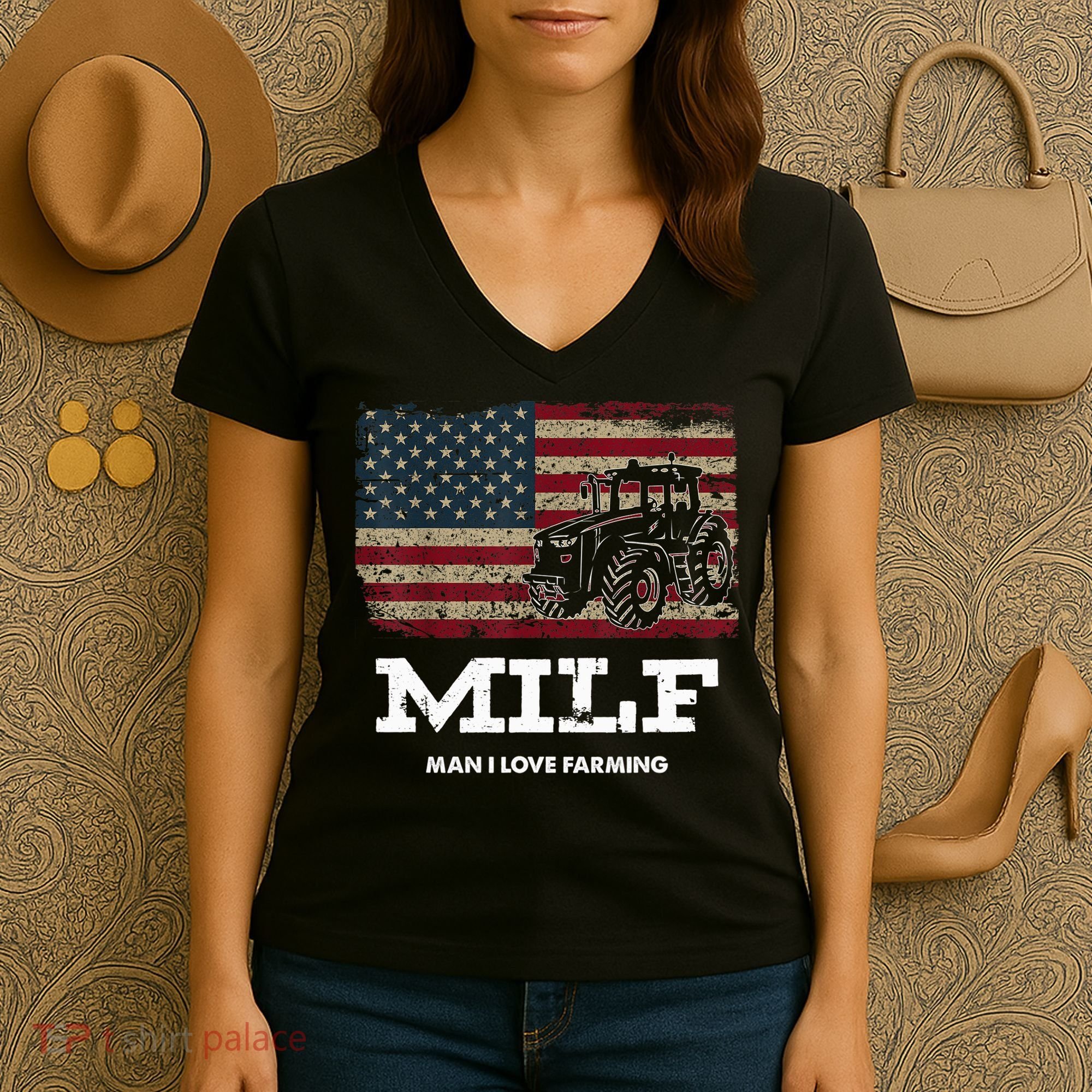 MILF Man I Love Farming Funny Farm Tractor Lover Women's V-Neck T-Shirt
