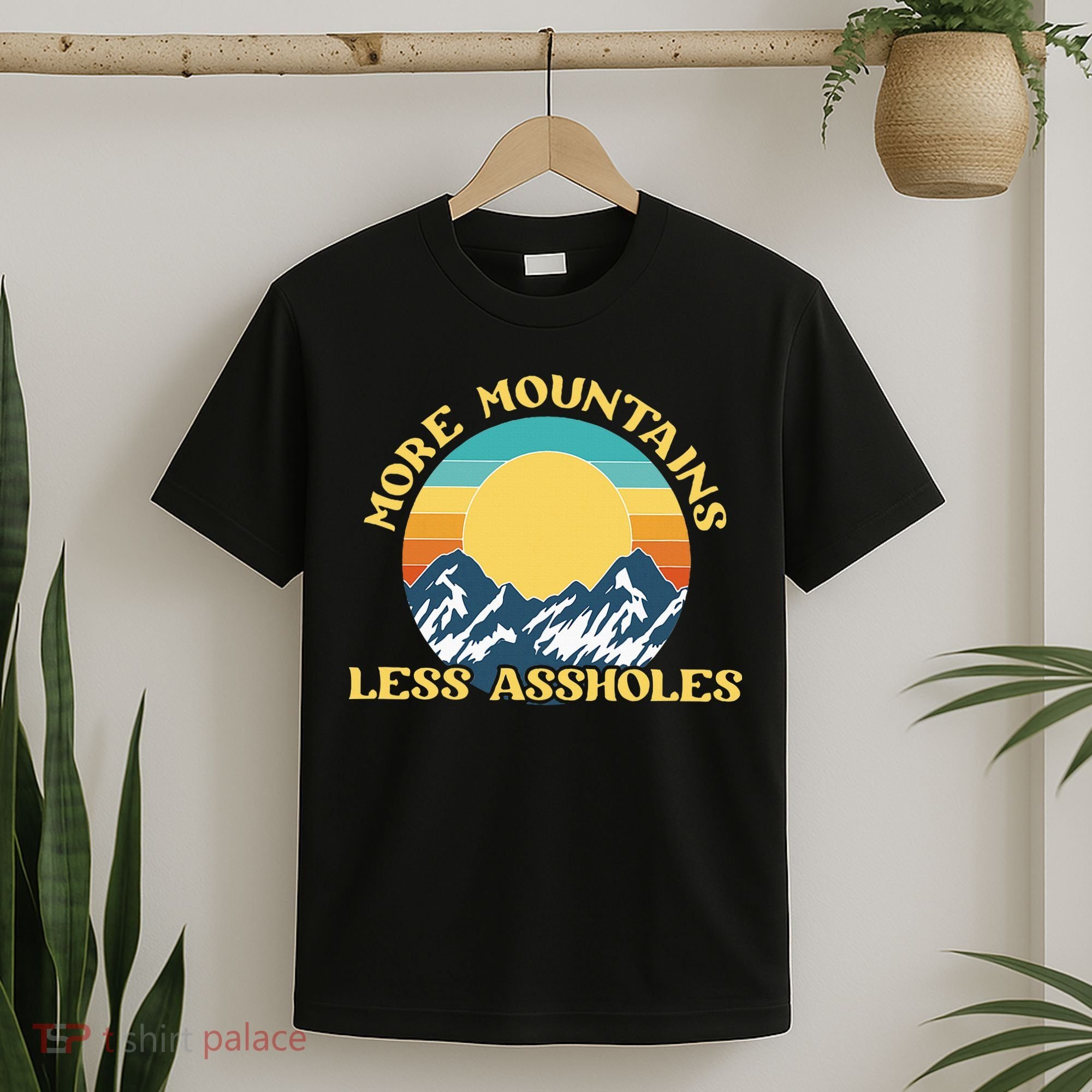 More Mountains Less Assholes Vintage Sunset Hiking Camping T-Shirt