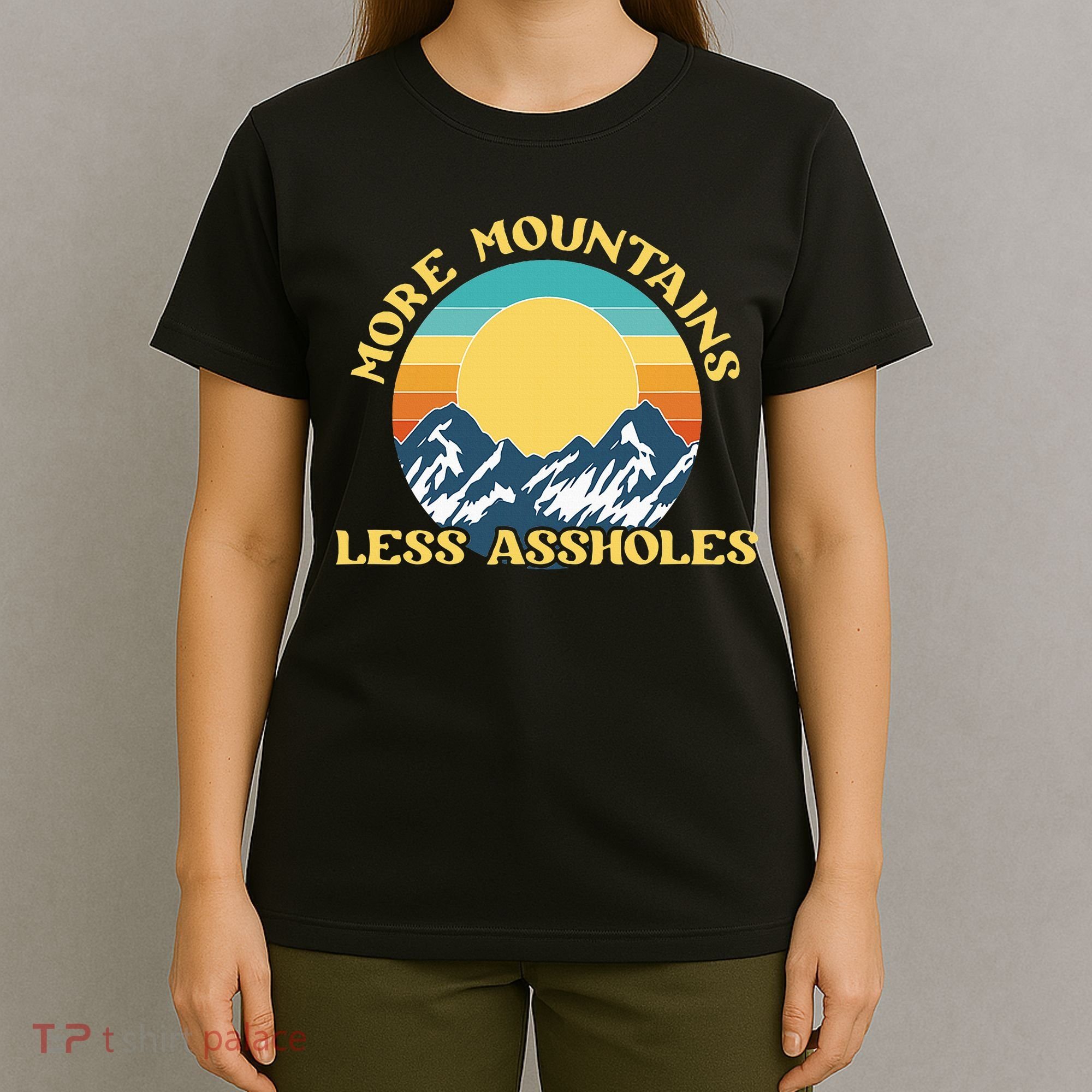 More Mountains Less Assholes Vintage Sunset Hiking Camping T-Shirt