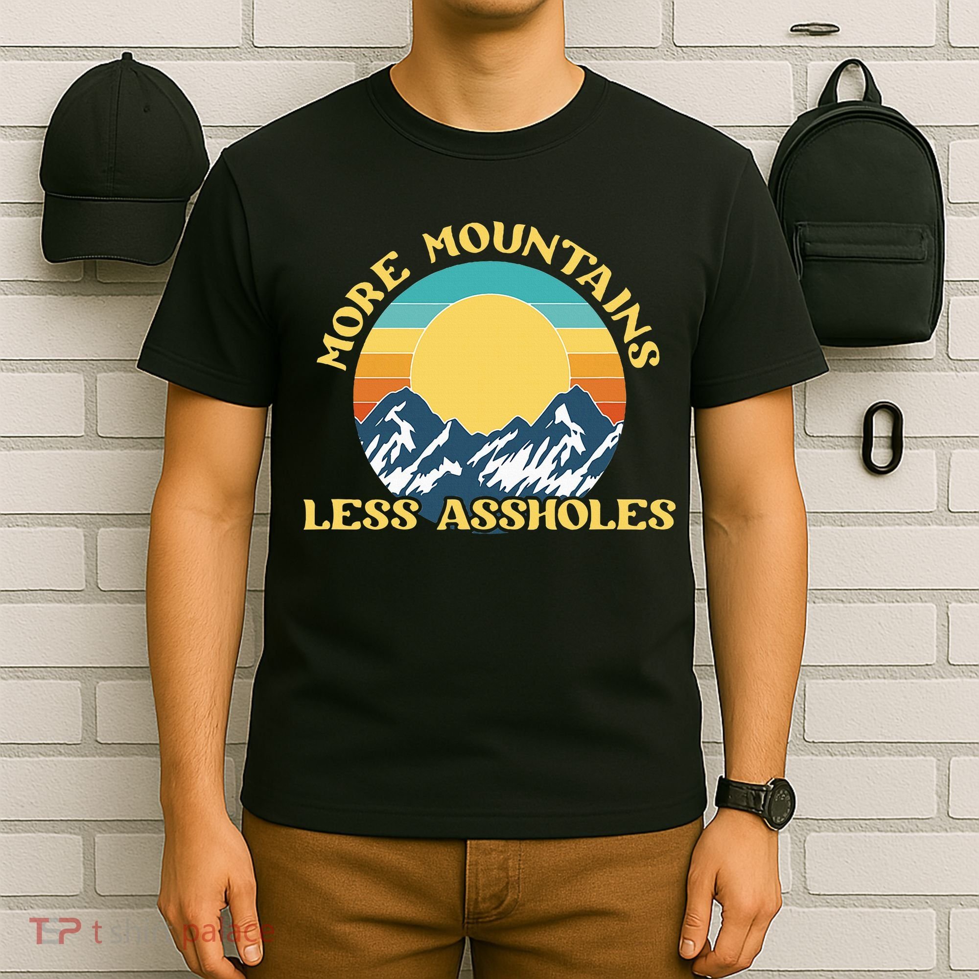 More Mountains Less Assholes Vintage Sunset Hiking Camping T-Shirt