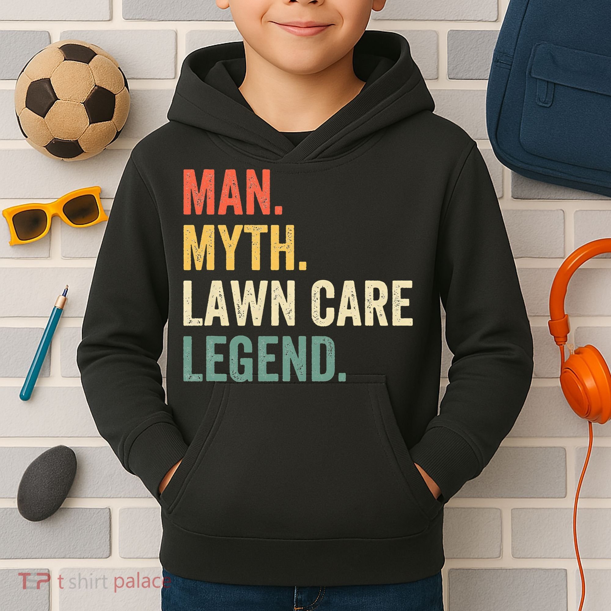 Man Myth Lawn Care Legend Funny Mowing Gardener Dad Retro Kids Hoodie