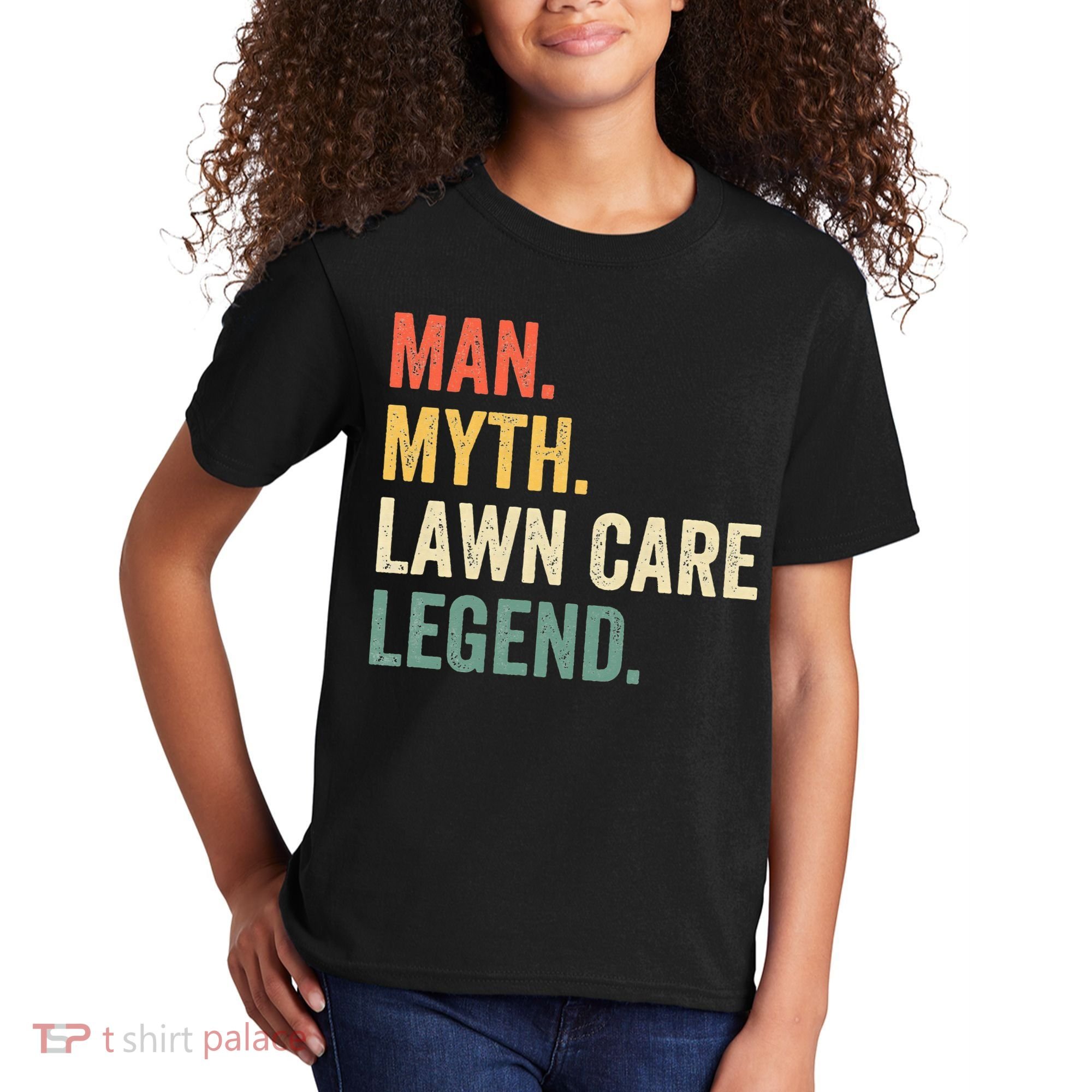 Man Myth Lawn Care Legend Funny Mowing Gardener Dad Retro Kids T-Shirt