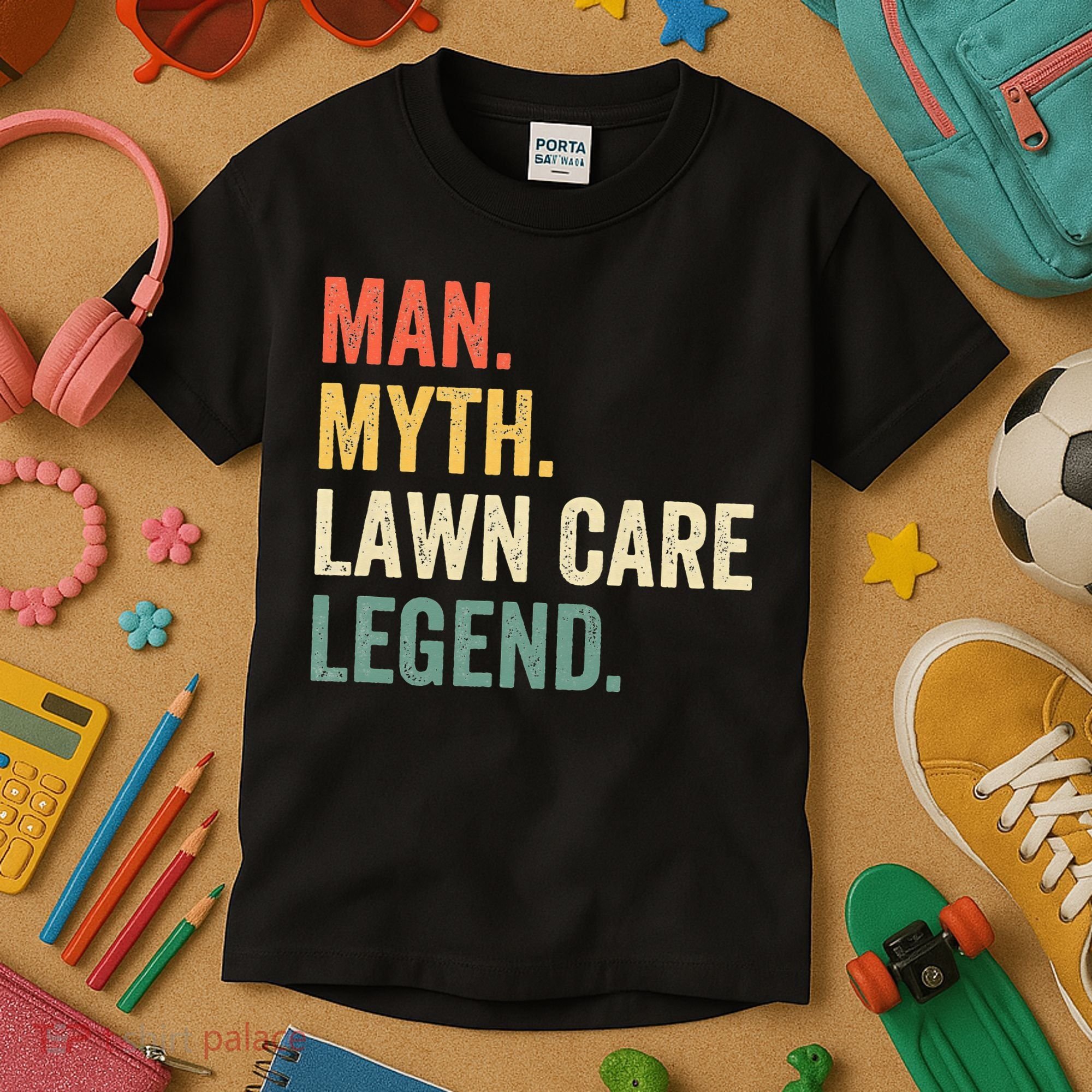 Man Myth Lawn Care Legend Funny Mowing Gardener Dad Retro Kids T-Shirt