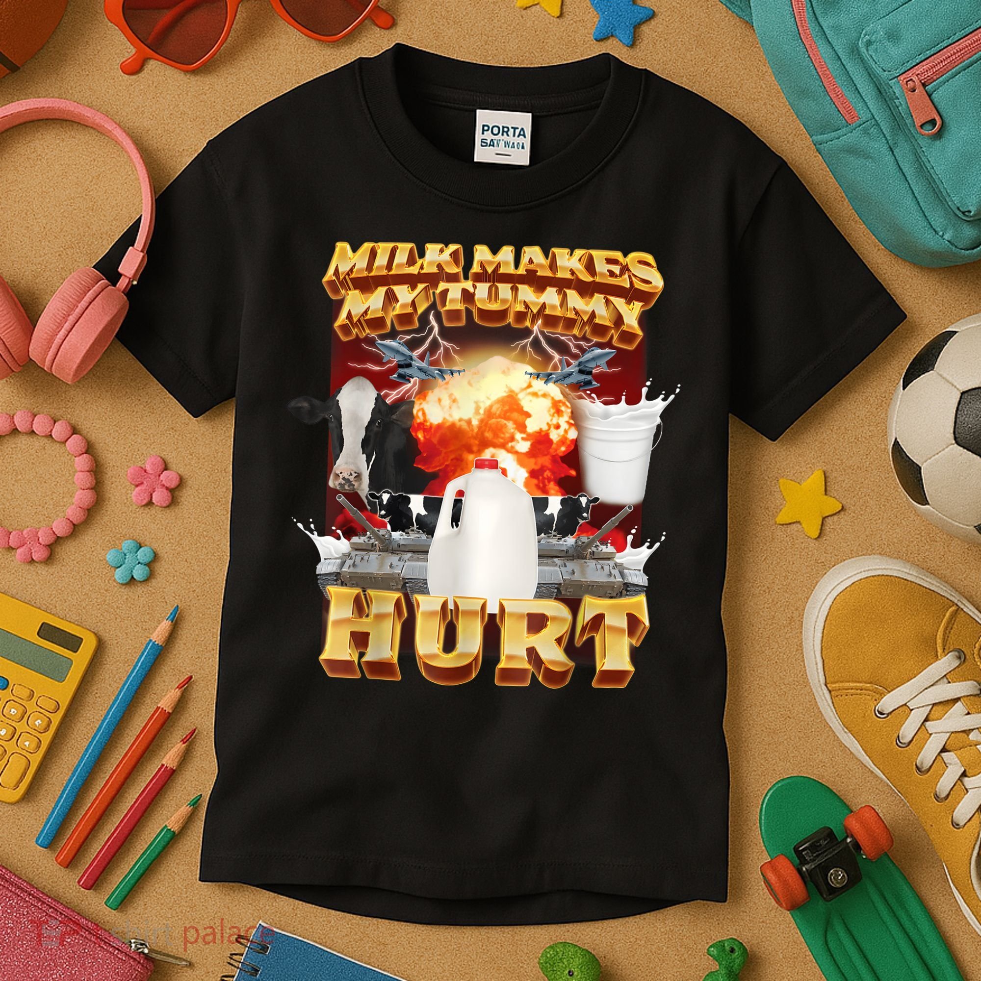 Milk Makes My Tummy Hurt Funny Meme Kids T-Shirt