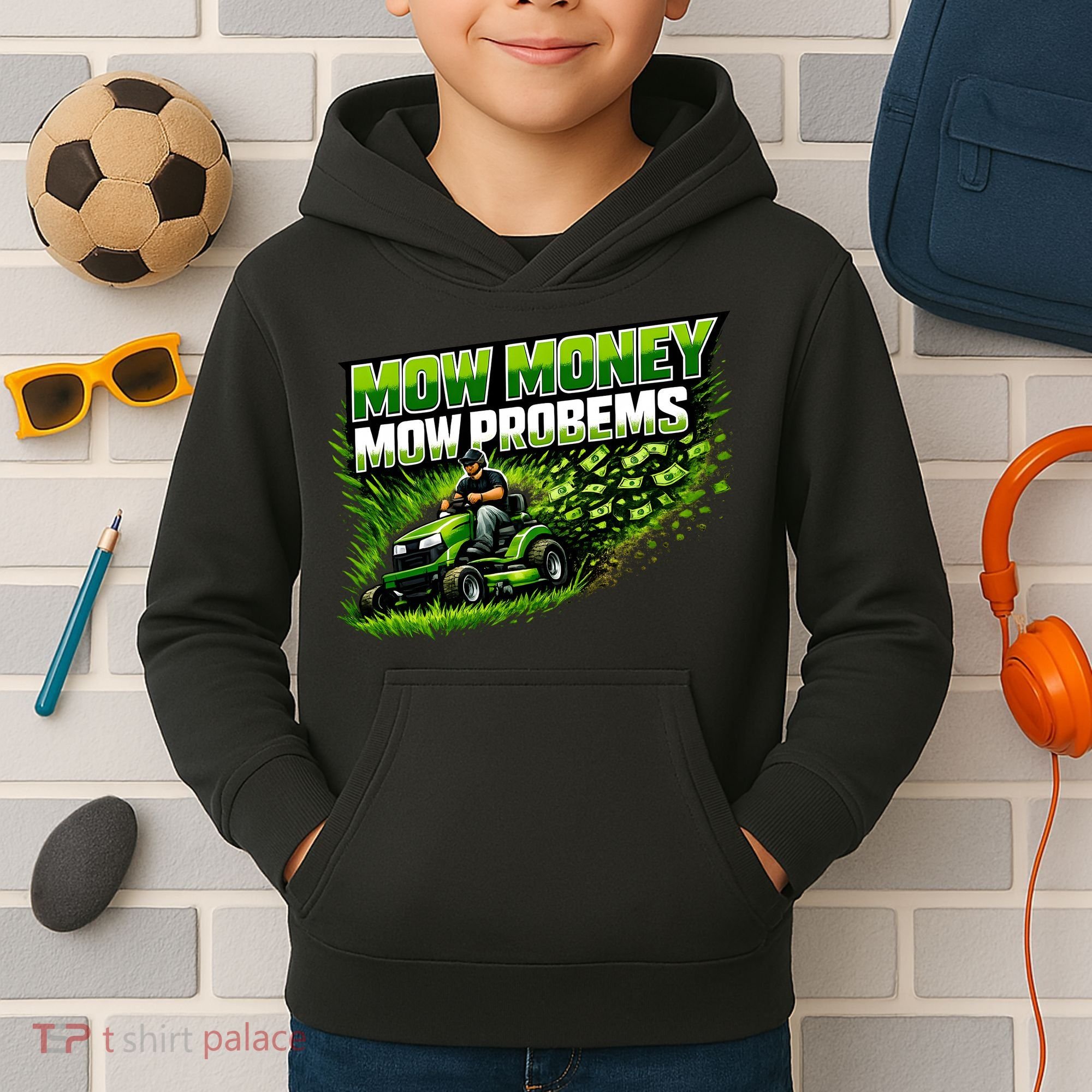 Mow Money Mow Problems Funny Landscaping Company Kids Hoodie