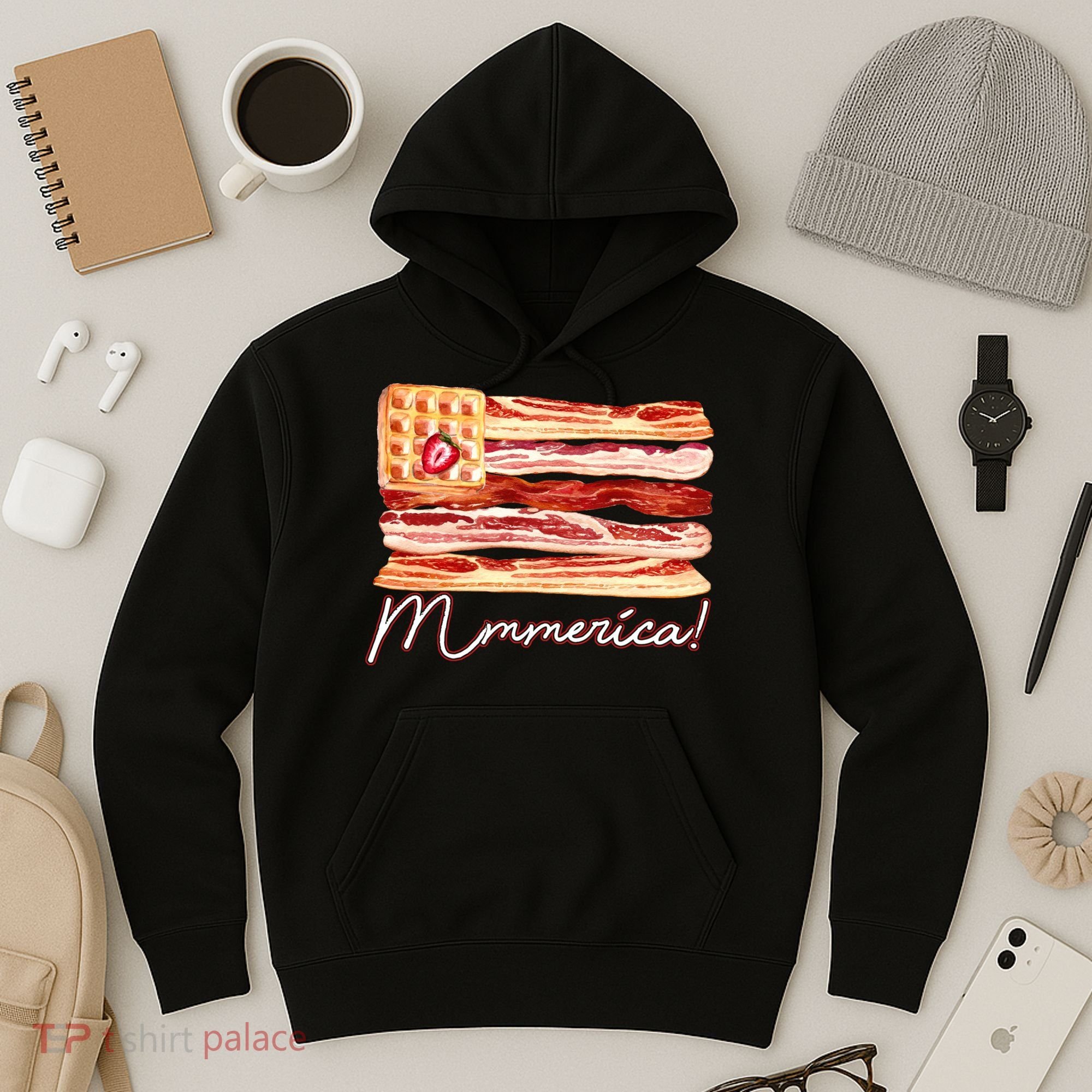 Mmmerica Bacon Waffle Merica Flag Hoodie