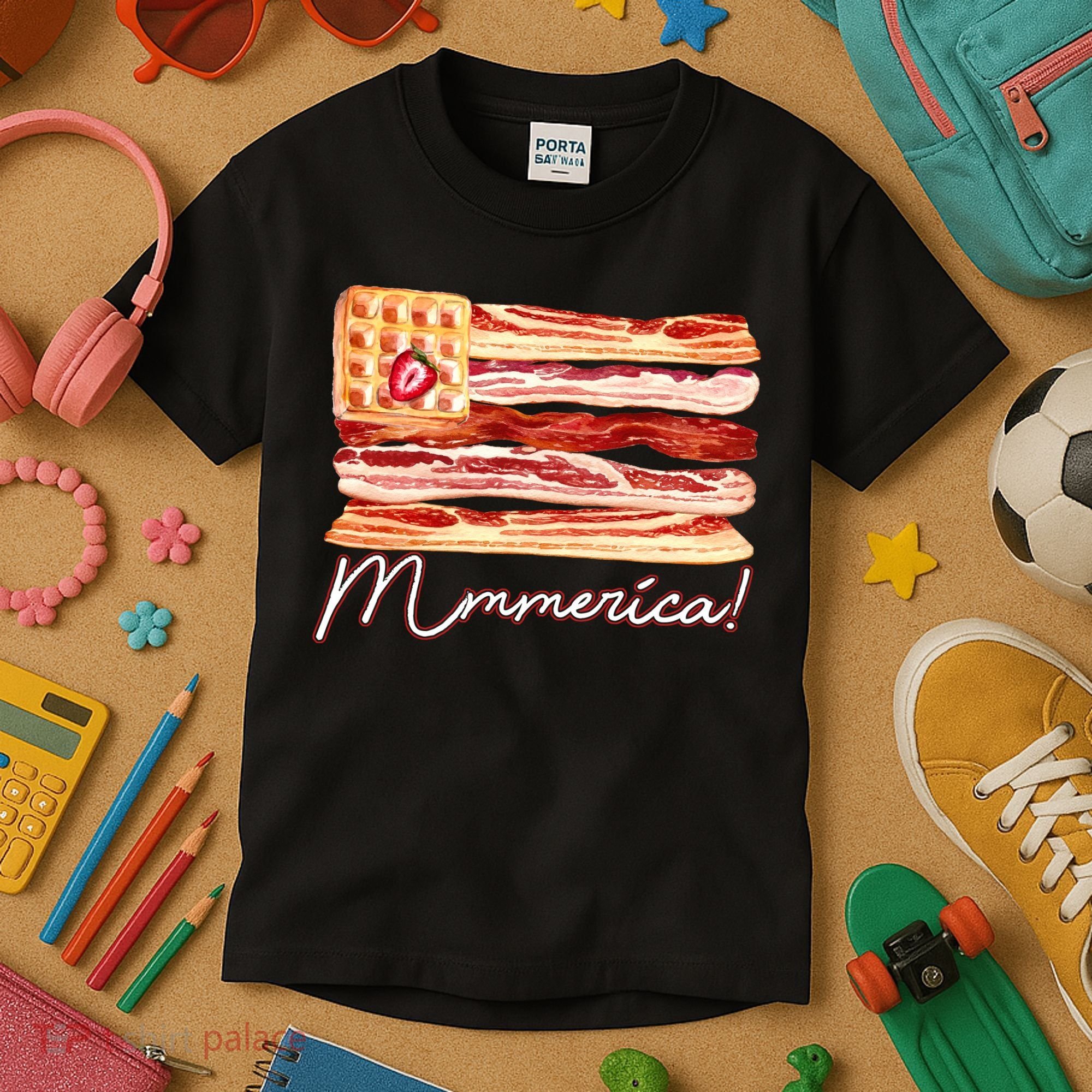 Mmmerica Bacon Waffle Merica Flag Kids T-Shirt