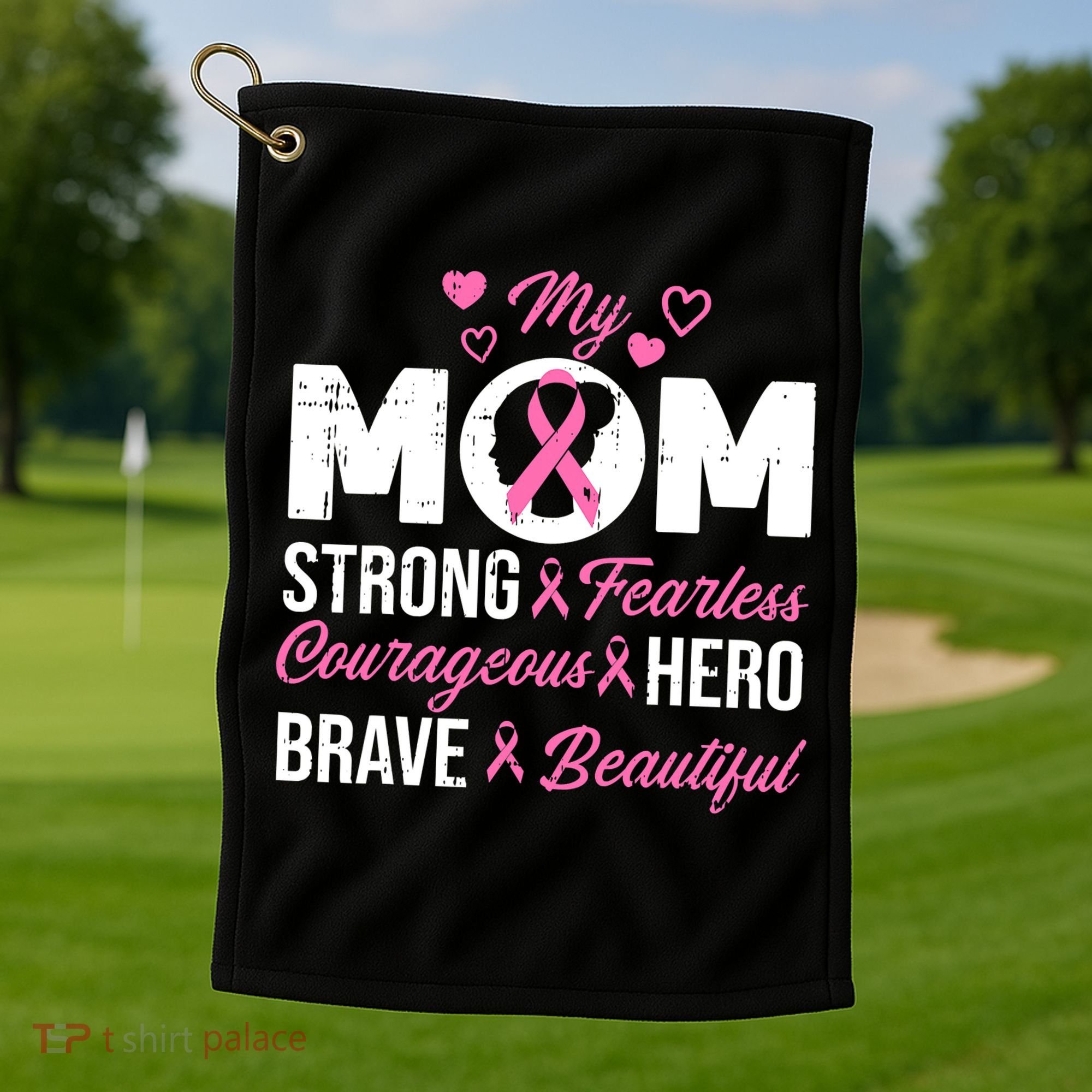 My Mom Pink Ribbon Warrior Inspirational Breast Cancer Golf Towel