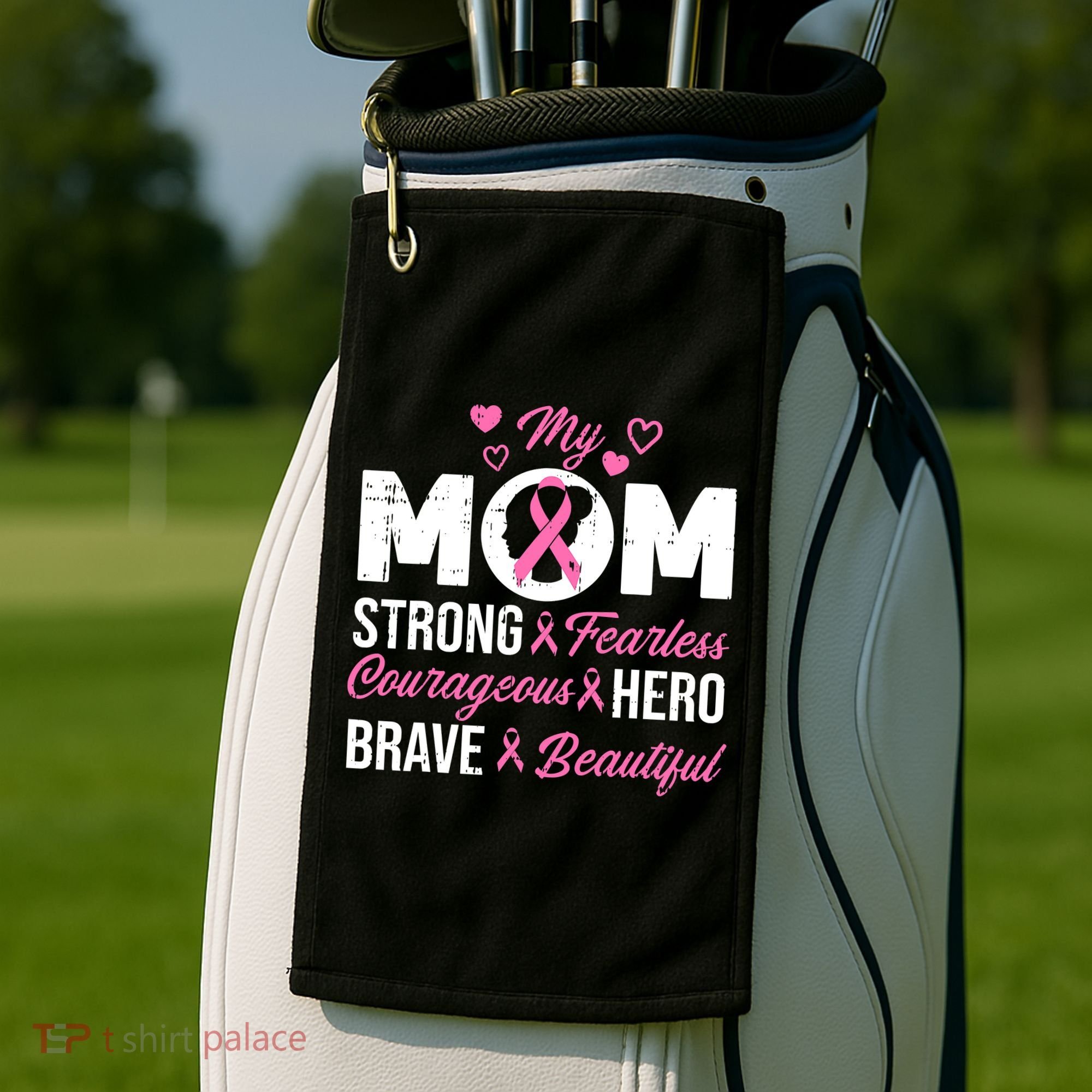 My Mom Pink Ribbon Warrior Inspirational Breast Cancer Golf Towel