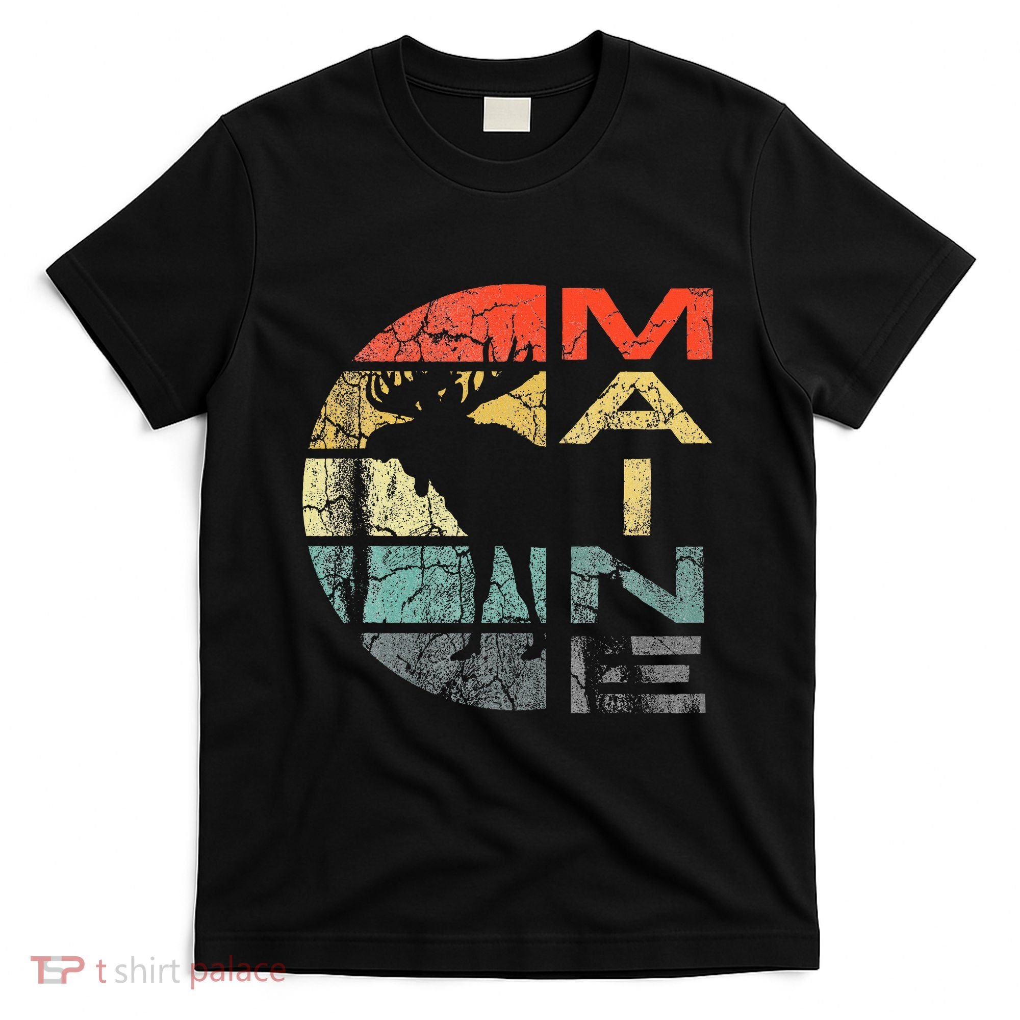Maine Moose Silhouette Retro Sunset Acadia Vintage T-Shirt