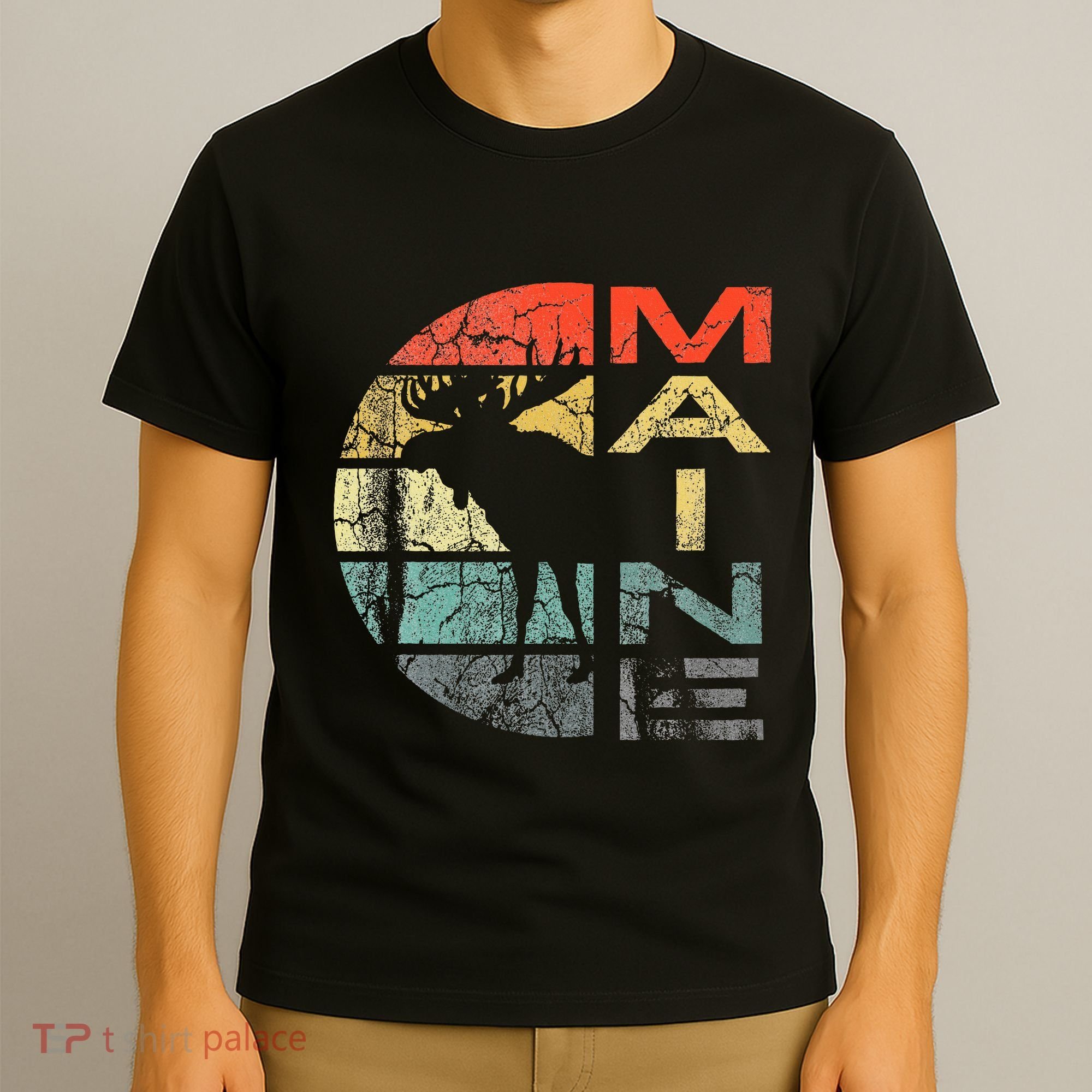 Maine Moose Silhouette Retro Sunset Acadia Vintage T-Shirt