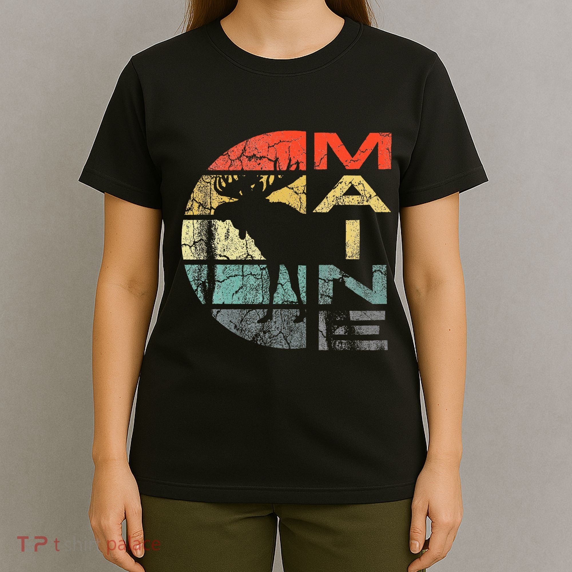 Maine Moose Silhouette Retro Sunset Acadia Vintage T-Shirt