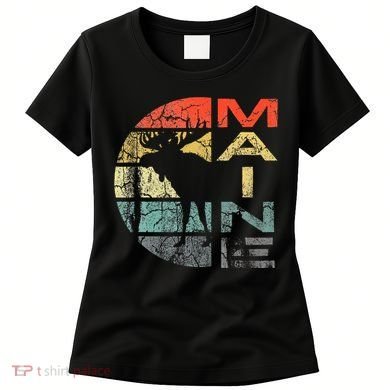 Maine Moose Silhouette Retro Sunset Acadia Vintage Women's T-Shirt