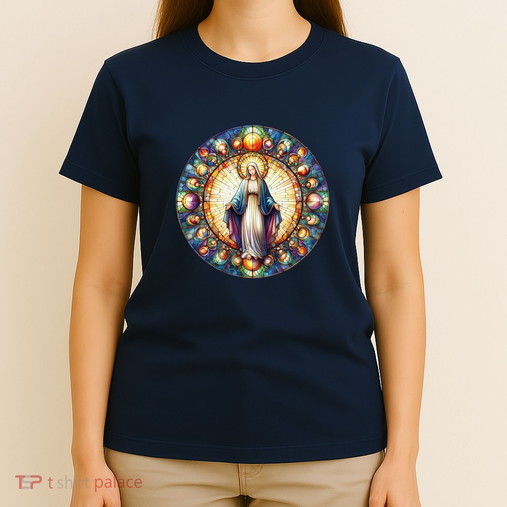 Mother Mary Stained Glass Collection: Mother Of God Jesus Christ Catholic T-Shirt