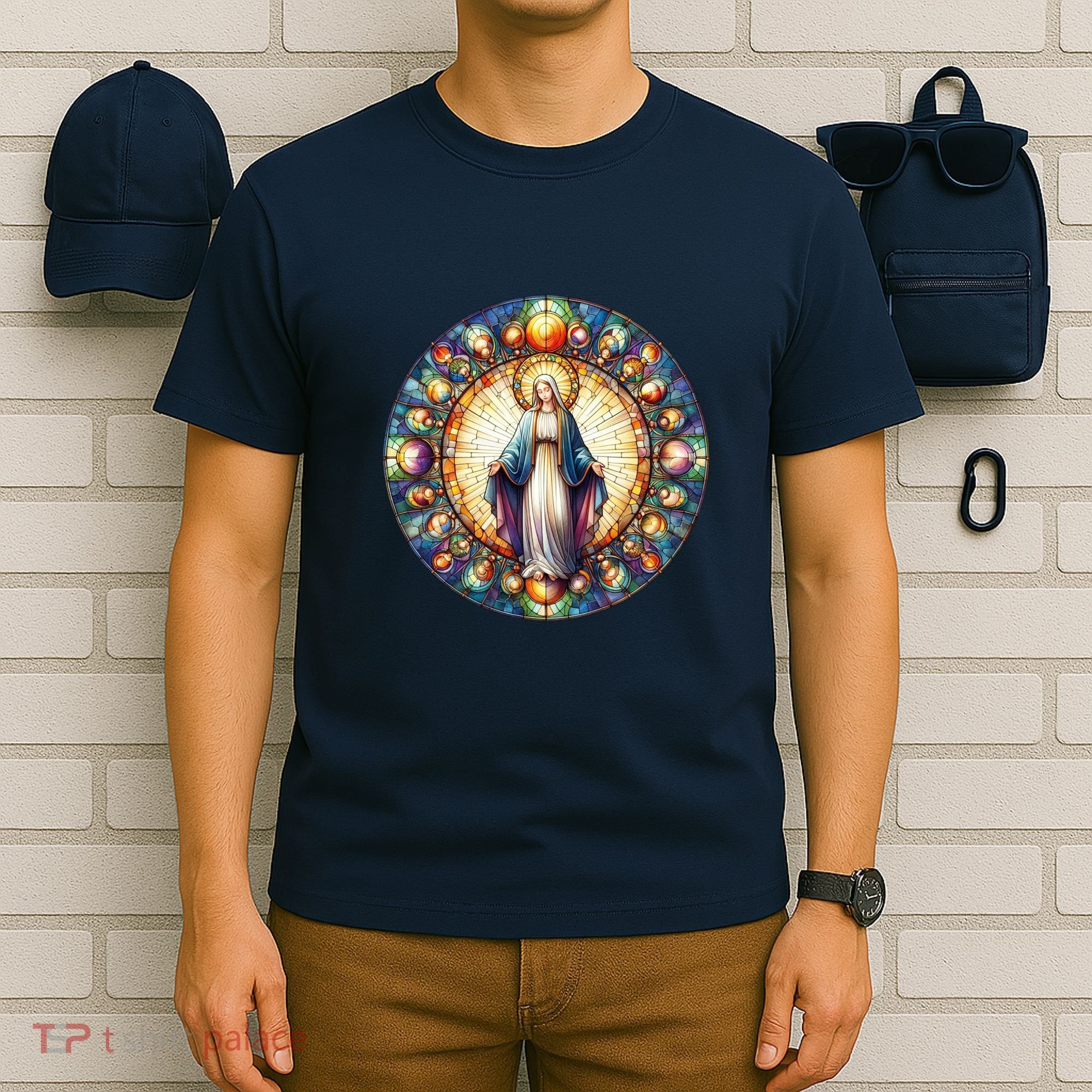 Mother Mary Stained Glass Collection: Mother Of God Jesus Christ Catholic T-Shirt