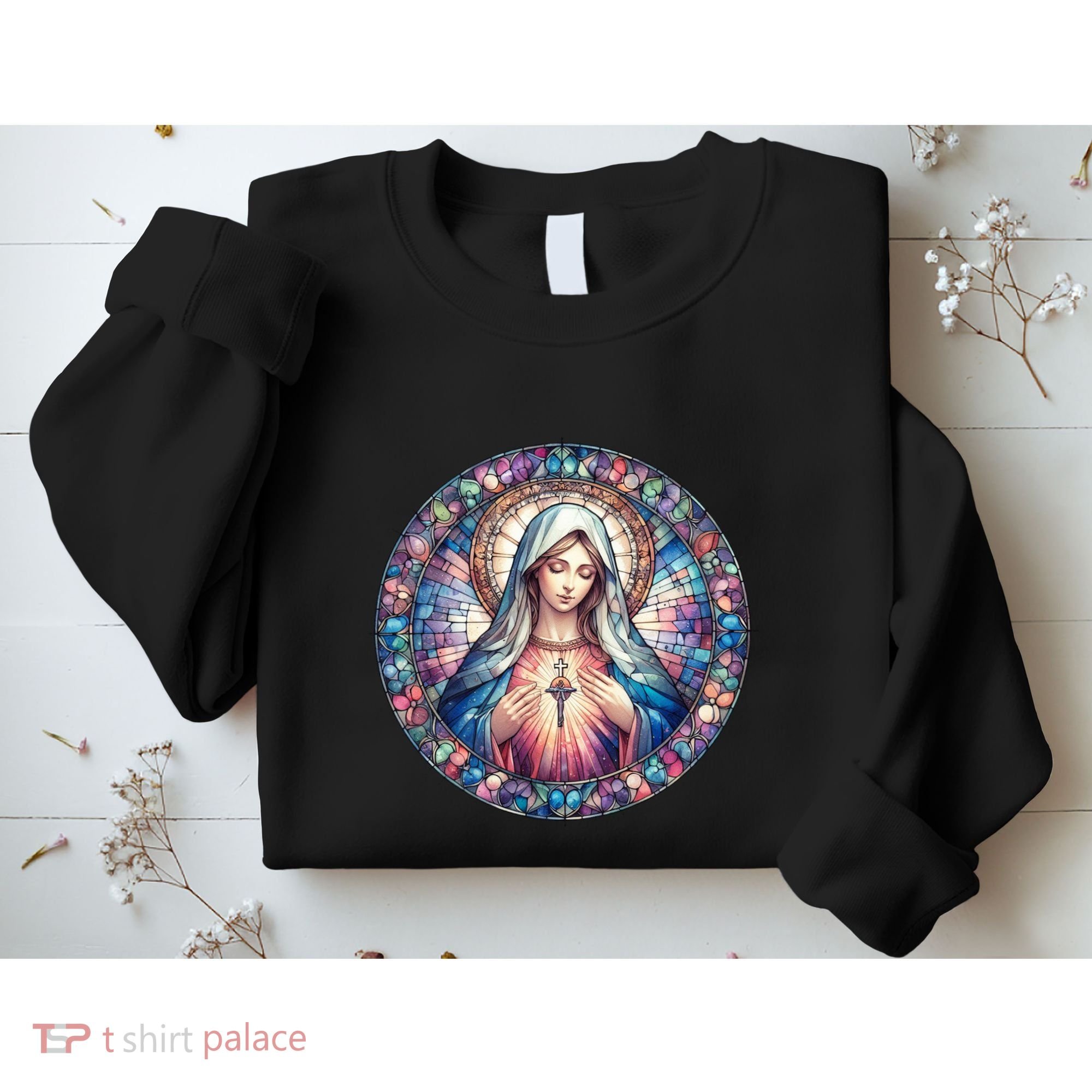 Mother Mary Stained Glass Collection: Heart God Jesus Christ Cross Catholic Sweatshirt