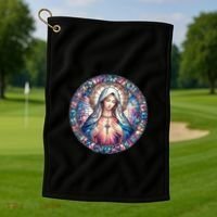 Mother Mary Stained Glass Collection: Heart God Jesus Christ Cross Catholic Golf Towel thumb 1