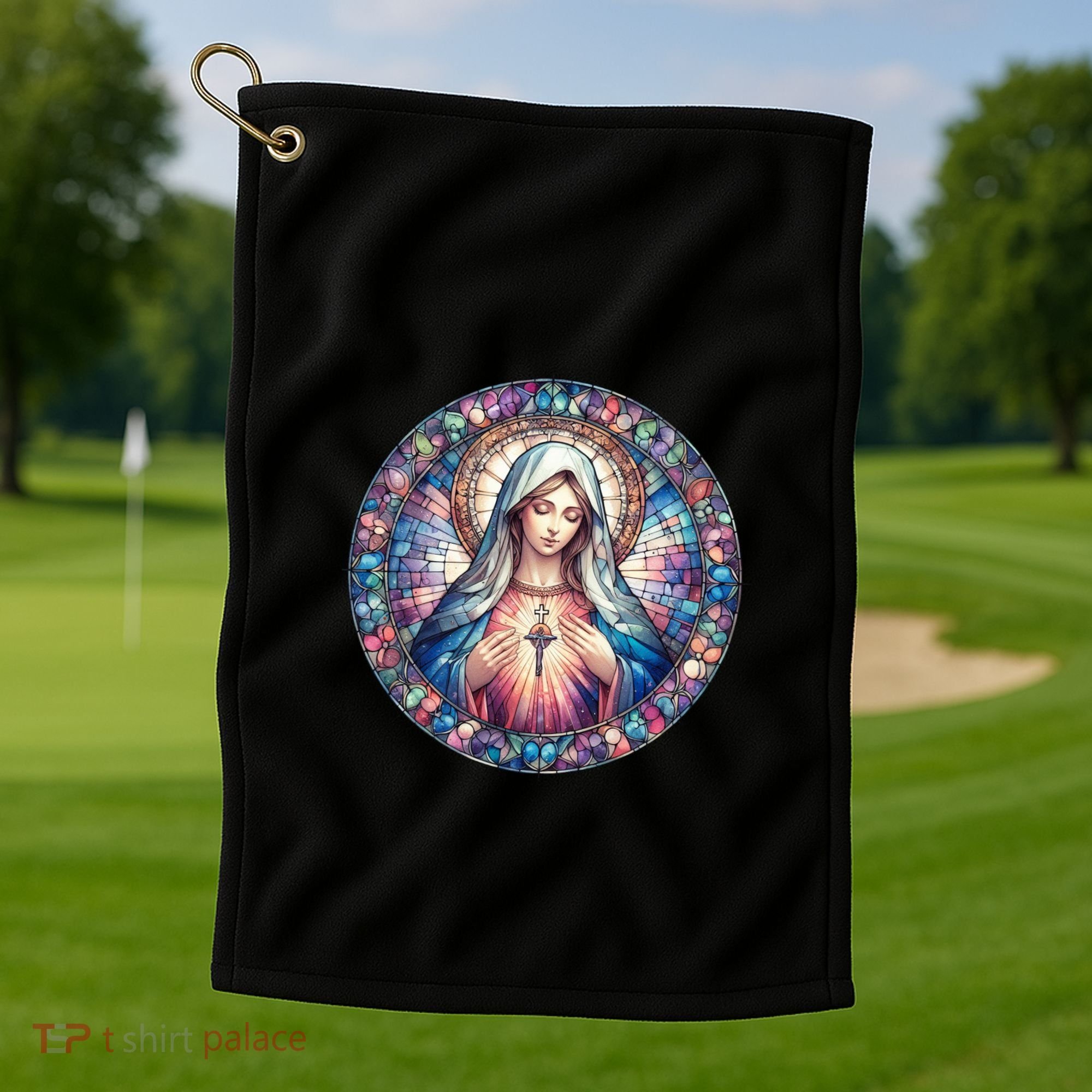 Mother Mary Stained Glass Collection: Heart God Jesus Christ Cross Catholic Golf Towel