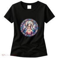 Mother Mary Stained Glass Collection: Heart God Jesus Christ Cross Catholic Women's T-Shirt thumb 0