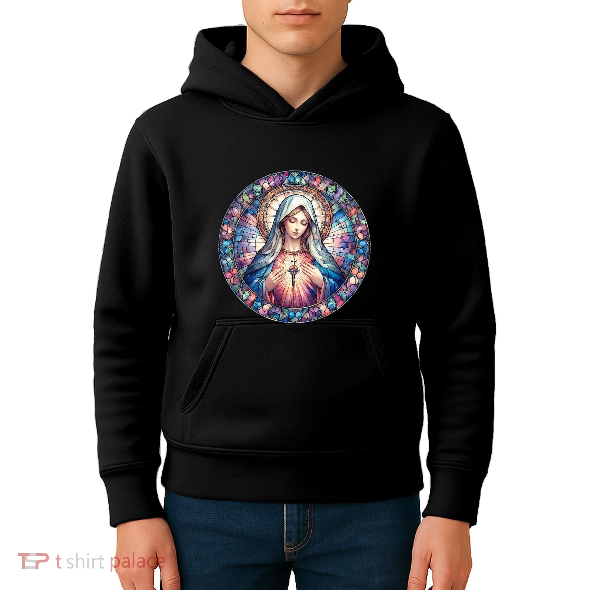 Mother Mary Stained Glass Collection: Heart God Jesus Christ Cross Catholic Kids Hoodie