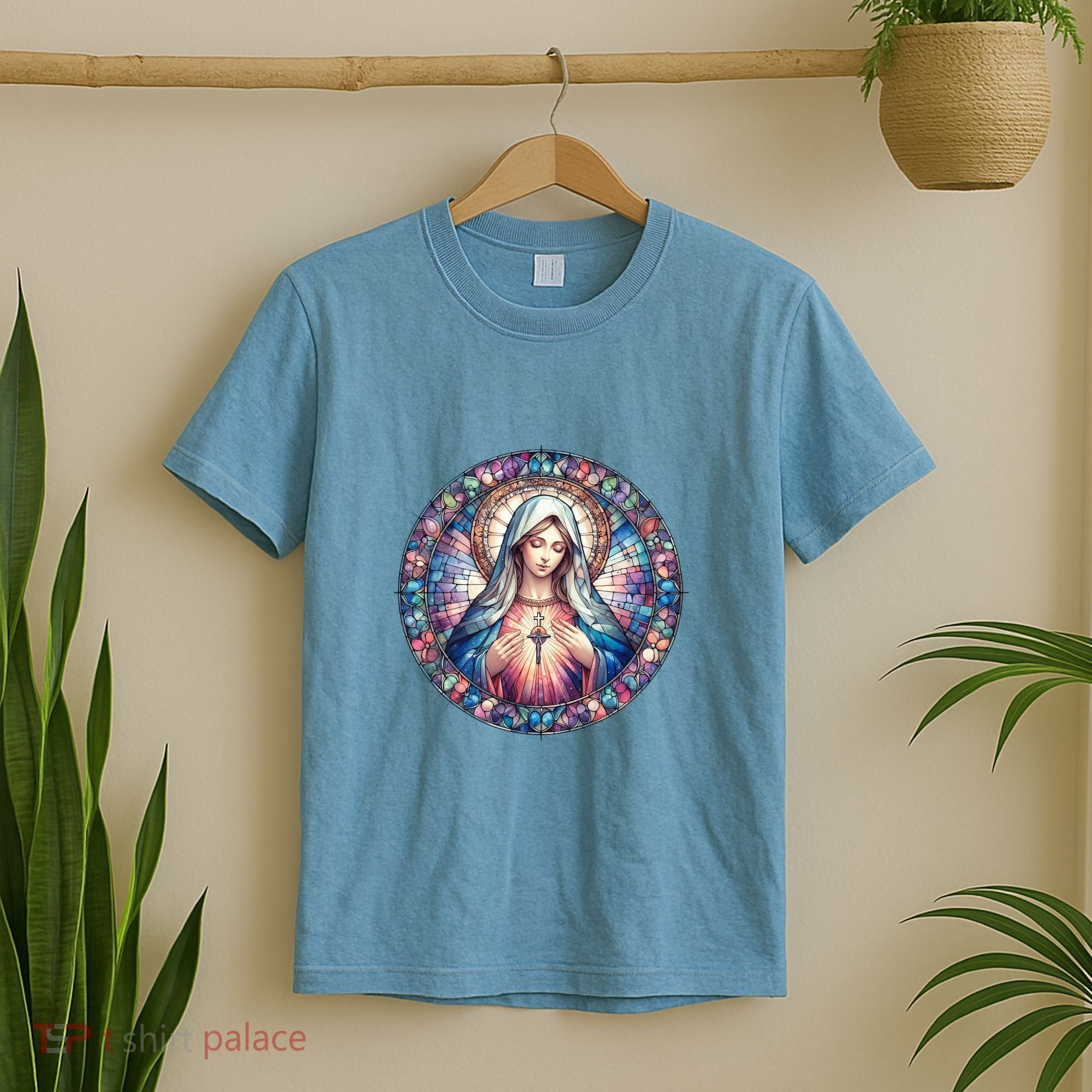 Mother Mary Stained Glass Collection: Heart God Jesus Christ Cross Catholic T-Shirt