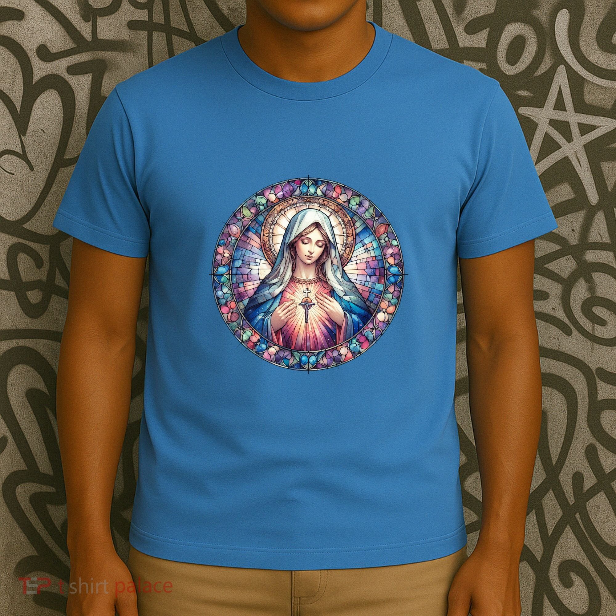 Mother Mary Stained Glass Collection: Heart God Jesus Christ Cross Catholic T-Shirt
