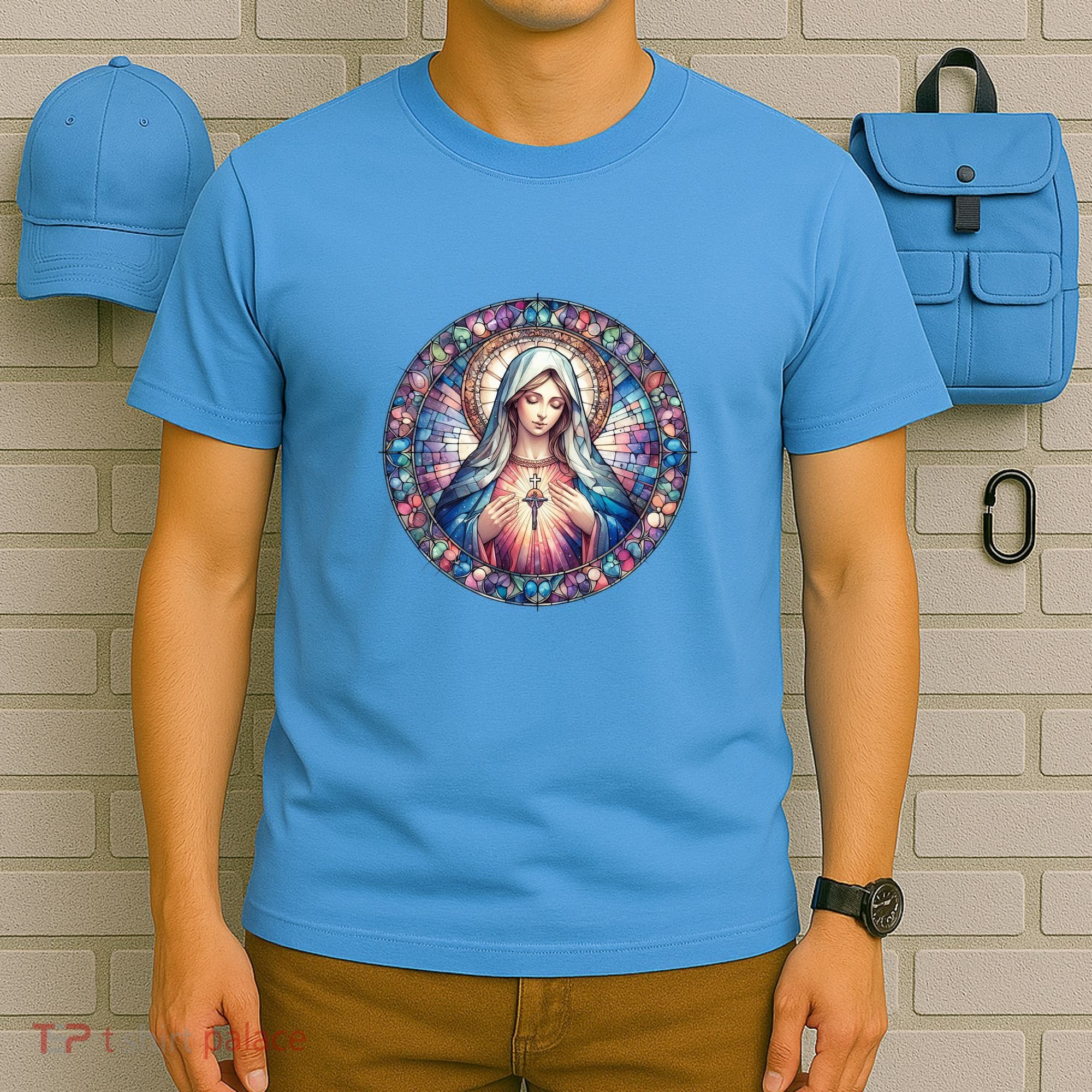 Mother Mary Stained Glass Collection: Heart God Jesus Christ Cross Catholic T-Shirt