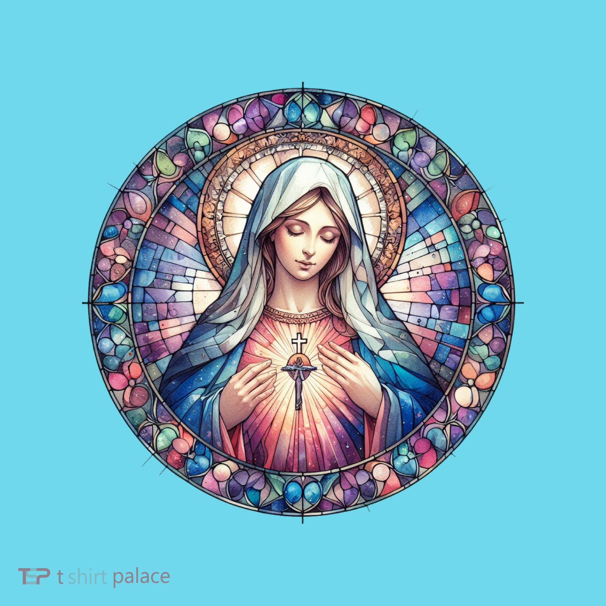 Mother Mary Stained Glass Collection: Heart God Jesus Christ Cross Catholic Kids T-Shirt