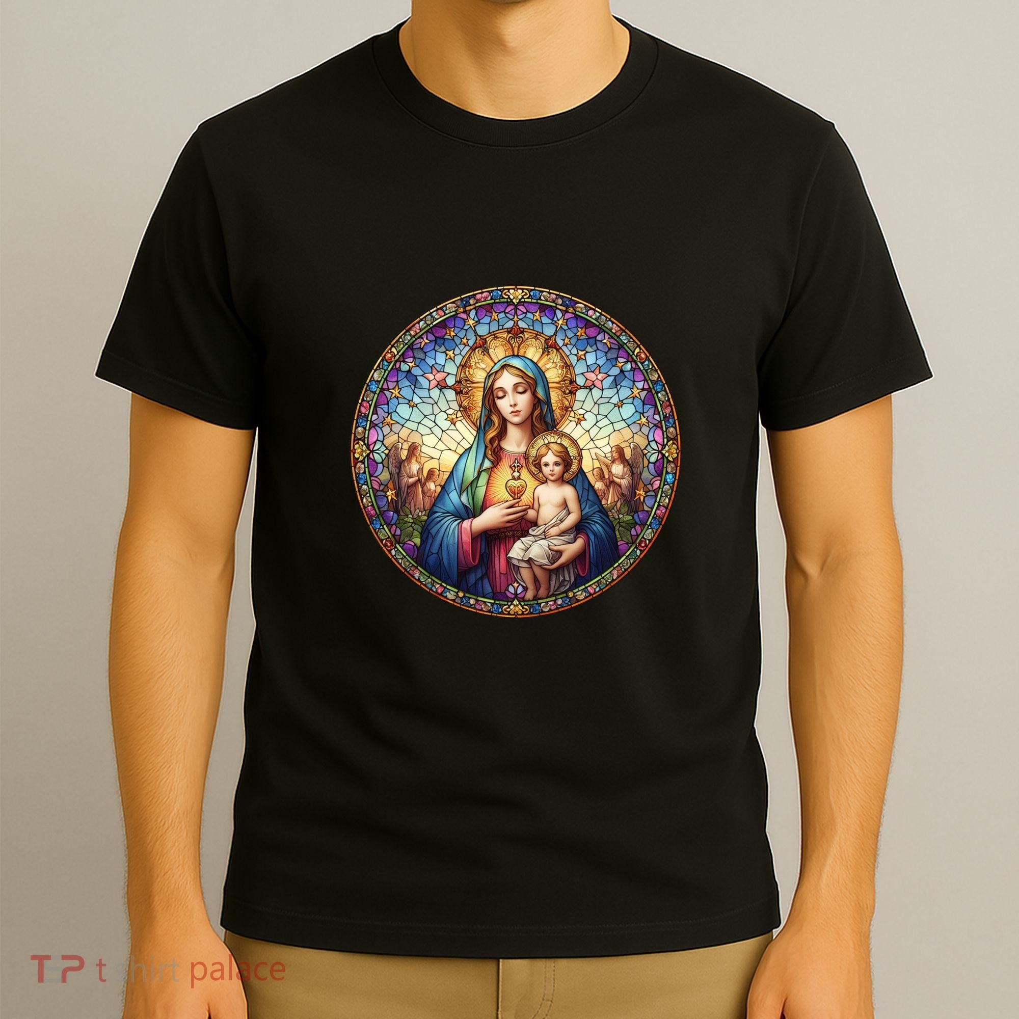 Mother Mary Stained Glass Collection: Sacred Heart Of Mary And Jesus T-Shirt