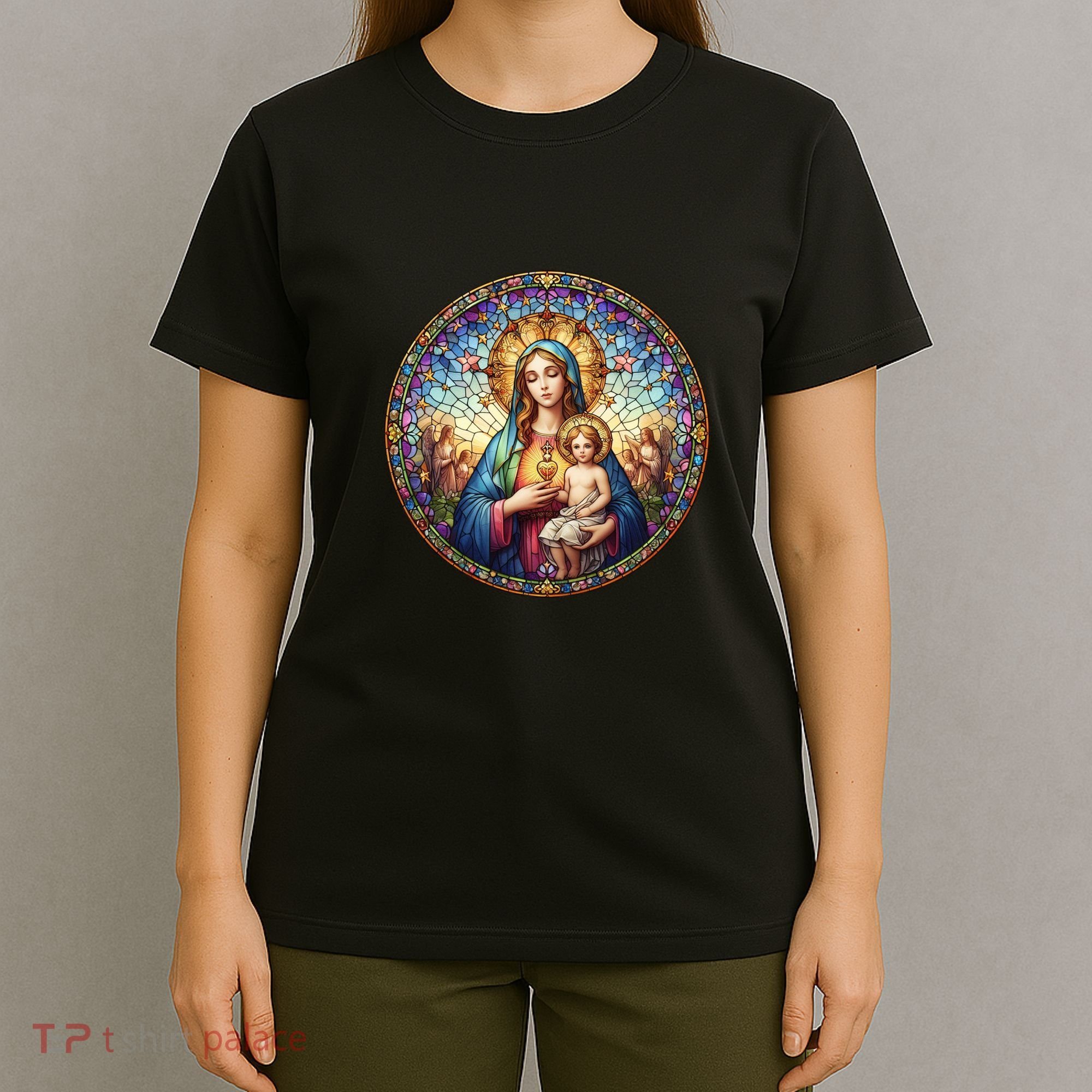 Mother Mary Stained Glass Collection: Sacred Heart Of Mary And Jesus T-Shirt