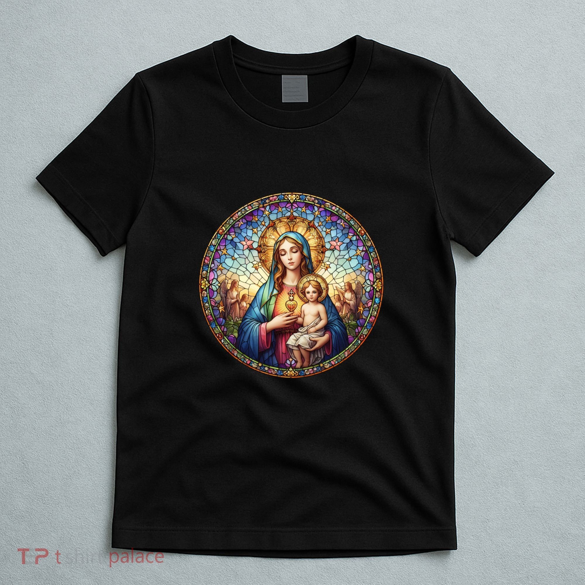 Mother Mary Stained Glass Collection: Sacred Heart Of Mary And Jesus T-Shirt