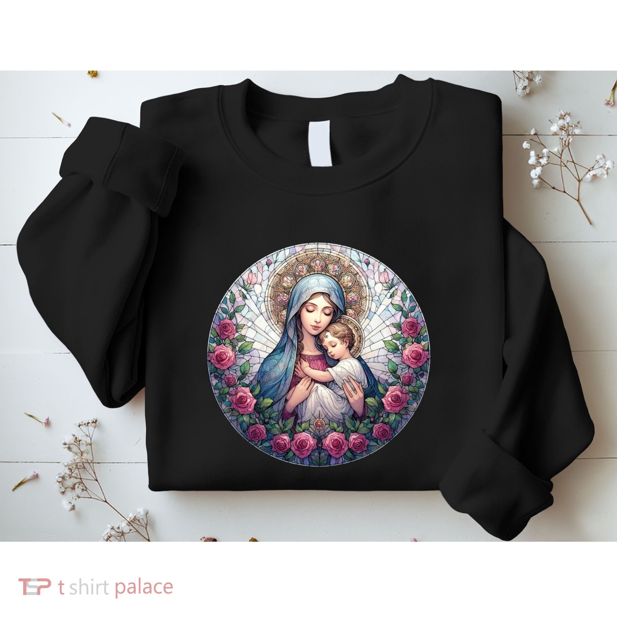 Mother Mary Stained Glass Collection: Roses Mary And Jesus Catholic Christian Sweatshirt