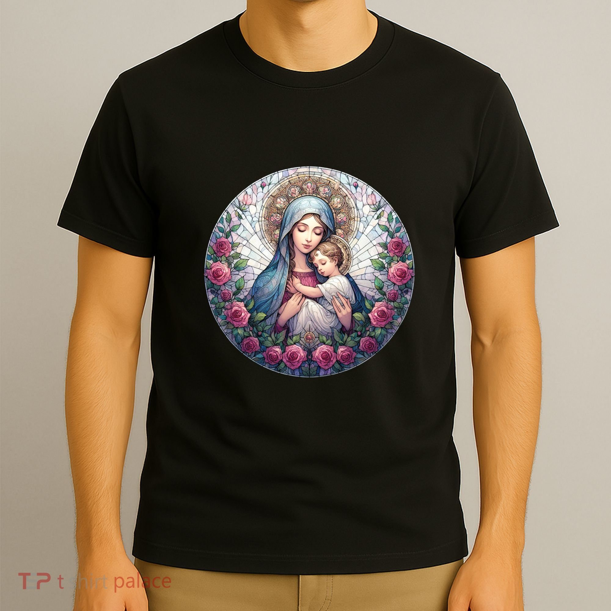 Mother Mary Stained Glass Collection: Roses Mary And Jesus Catholic Christian T-Shirt