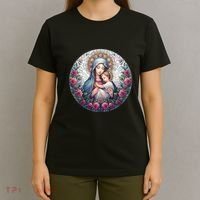 Mother Mary Stained Glass Collection: Roses Mary And Jesus Catholic Christian T-Shirt thumb 4