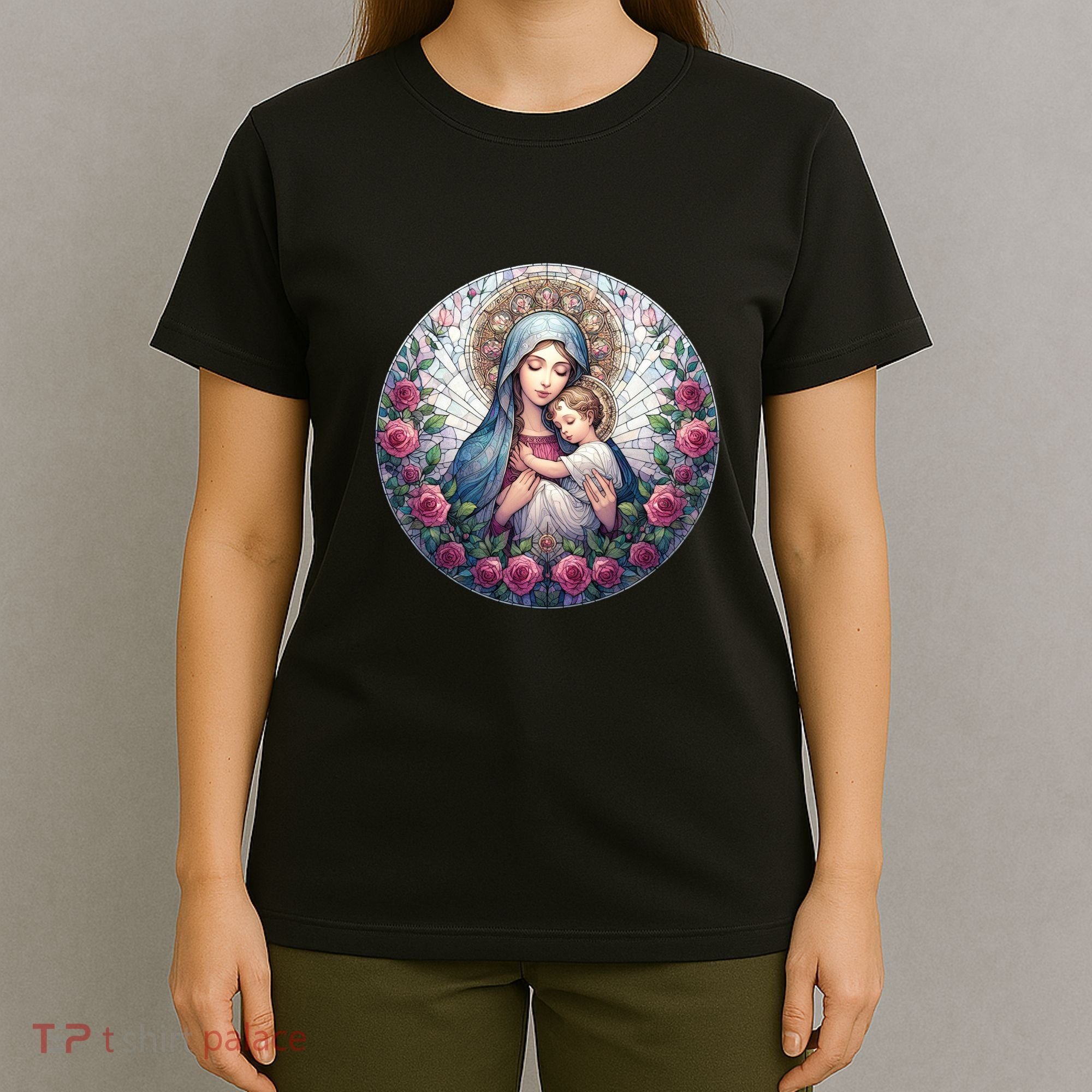 Mother Mary Stained Glass Collection: Roses Mary And Jesus Catholic Christian T-Shirt