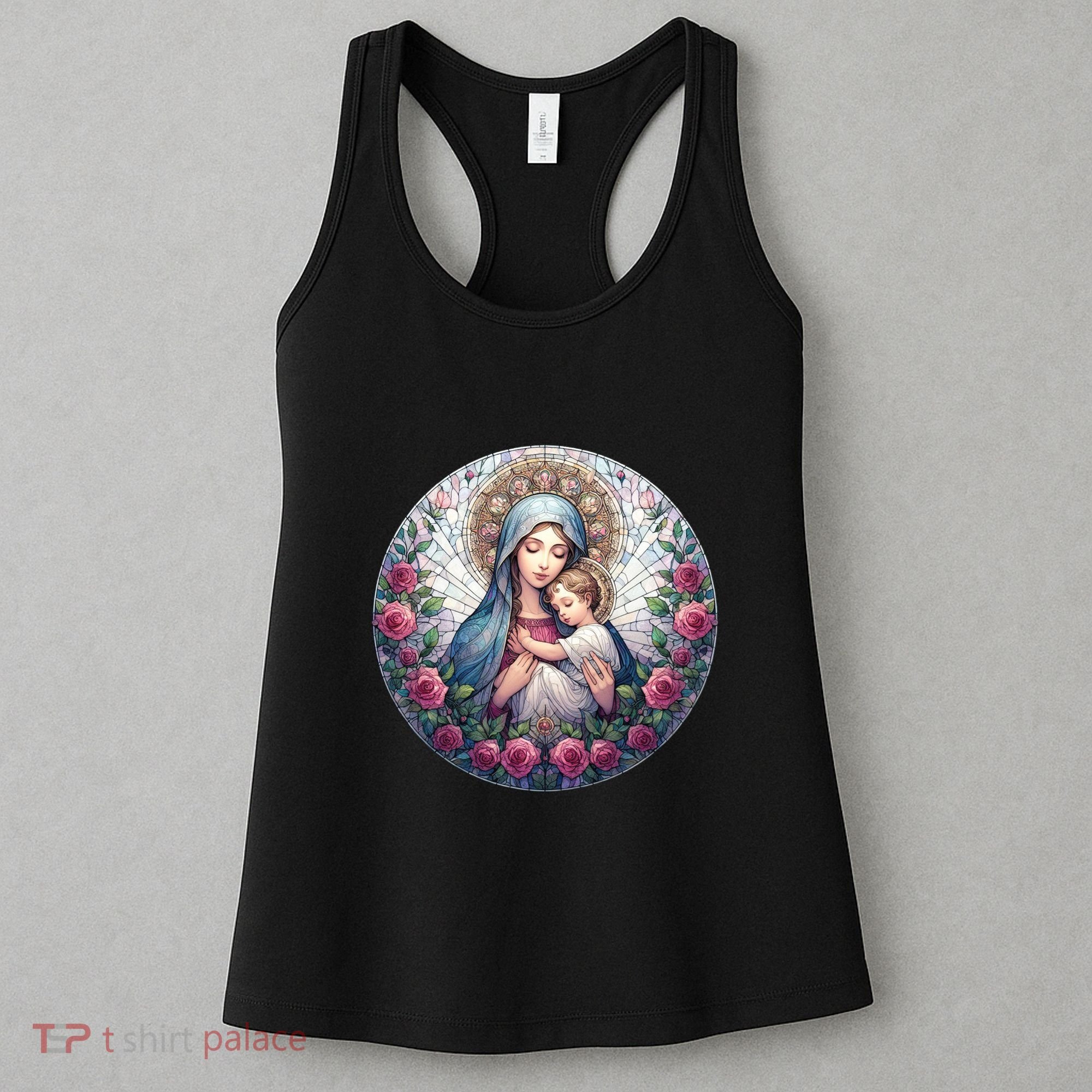 Mother Mary Stained Glass Collection: Roses Mary And Jesus Catholic Christian Women's Tank Top
