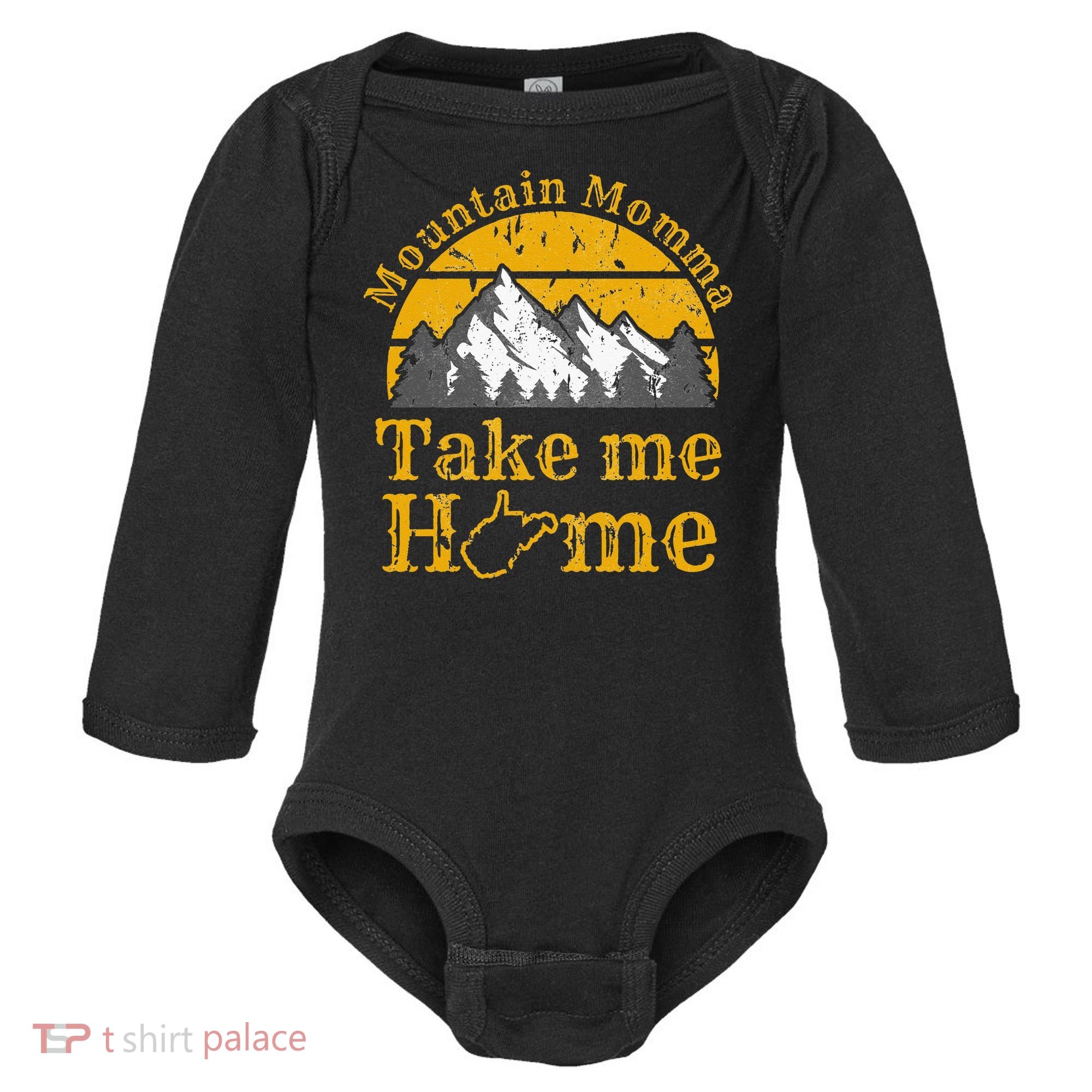 Mountain Momma West Virginia Take Me Home WV Map Mountains Baby Long Sleeve Bodysuit