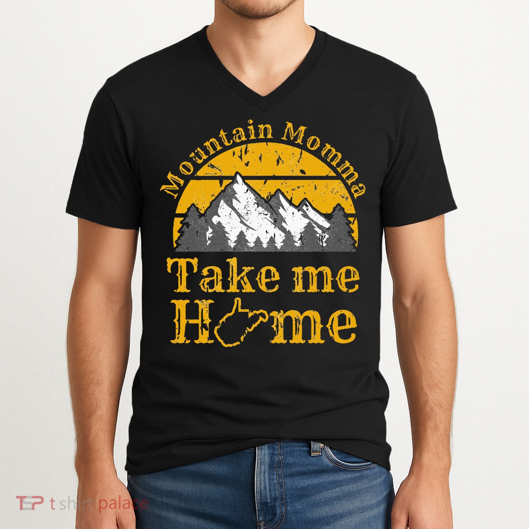 Mountain Momma West Virginia Take Me Home WV Map Mountains V-Neck T-Shirt