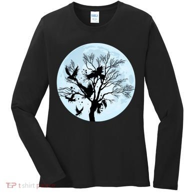 Moonlight Night Black Crow Forest Animal Bird Raven Women's Long Sleeve Shirt