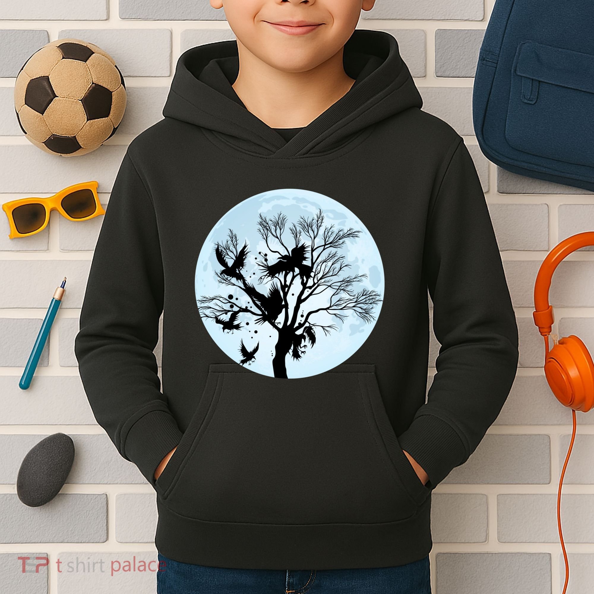 Moonlight Night Black Crow Forest Animal Bird Raven Kids Hoodie