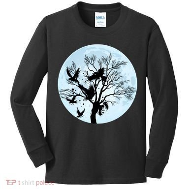 Moonlight Night Black Crow Forest Animal Bird Raven Kids Long Sleeve Shirt