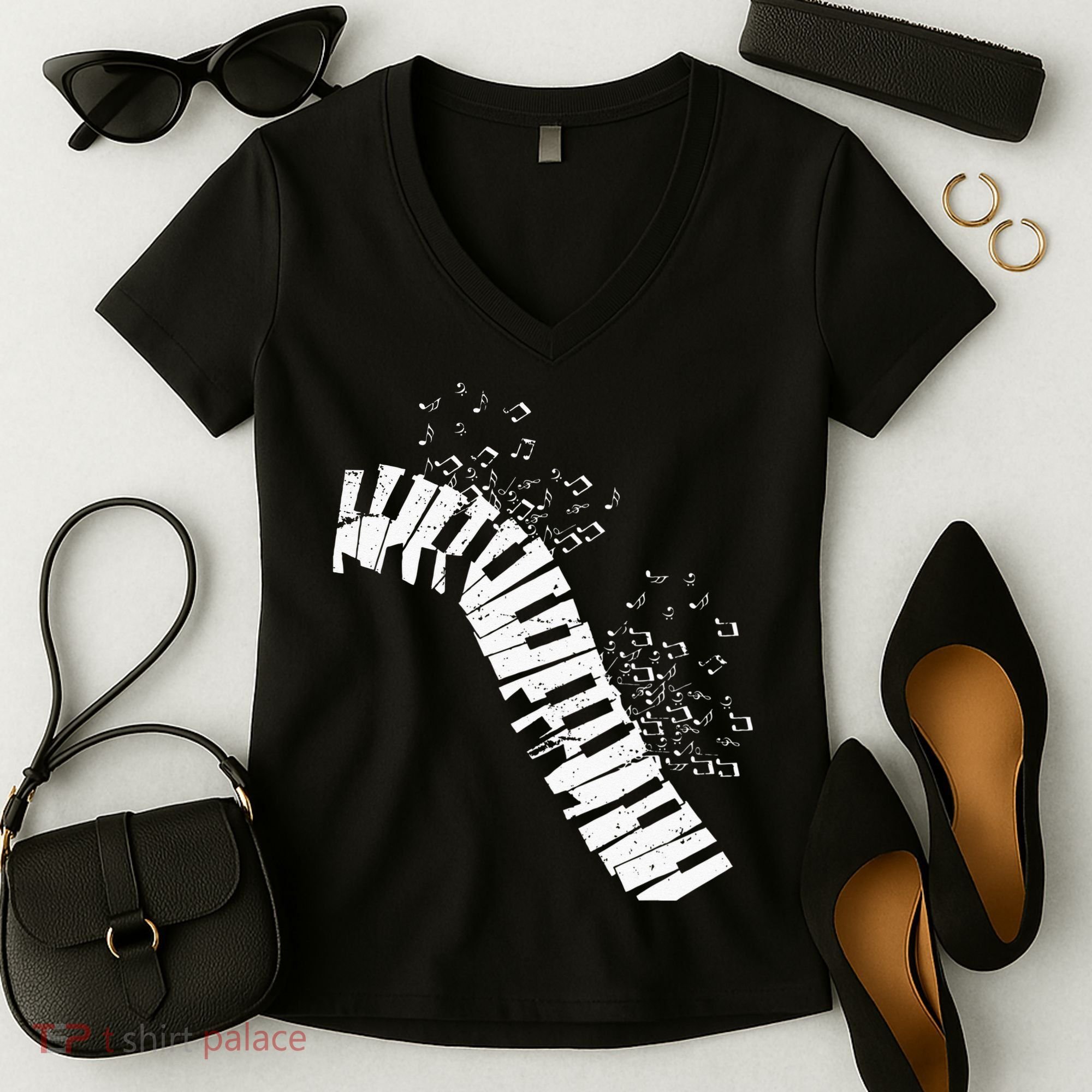 Music Notes Classical Music Instrument Piano Women's V-Neck T-Shirt